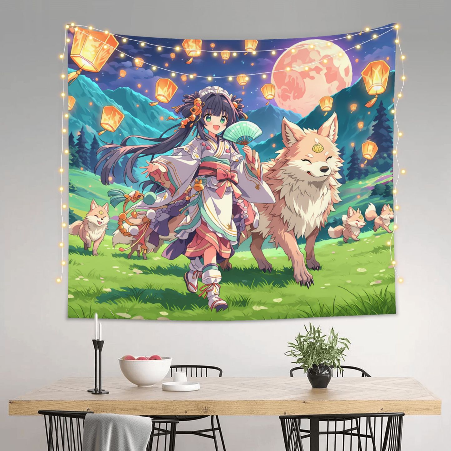 Spirit Fox Lantern Parade art tapestry in a room — 60 × 50 in, view 3