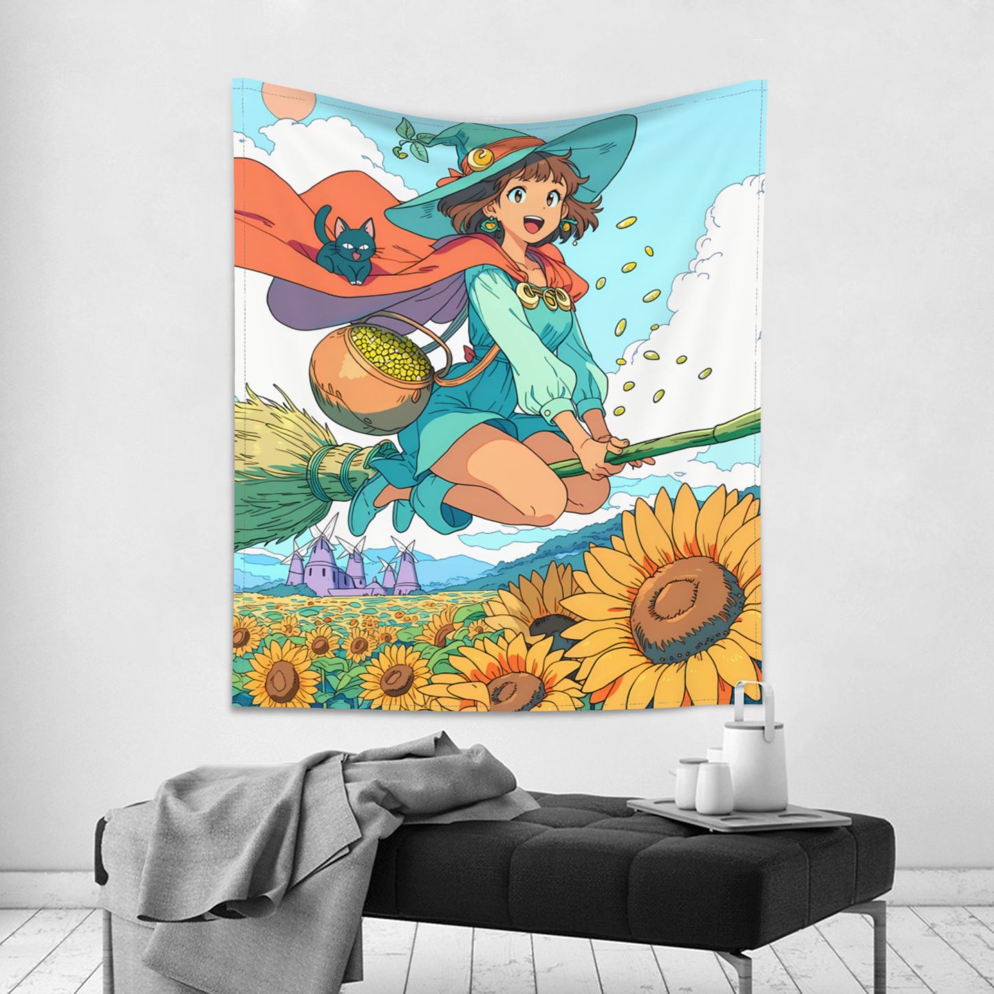 Witch of the Sunflower Sea art tapestry in a room — 50 × 60 in, view 3