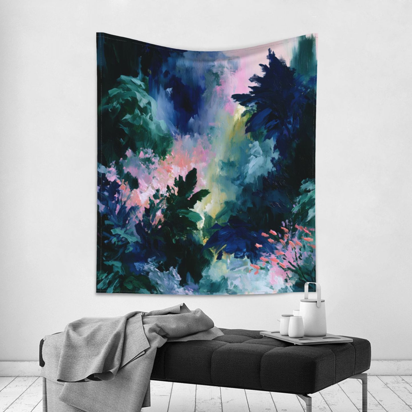 Verdant Orbit art tapestry in a room — 50 × 60 in, view 3