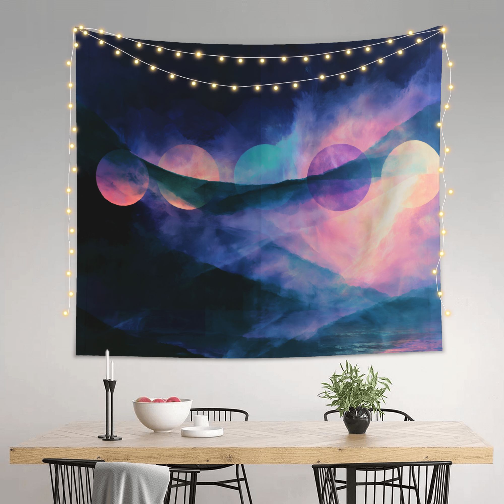 Nocturne of Suns art tapestry in a room — 60 × 50 in, view 3