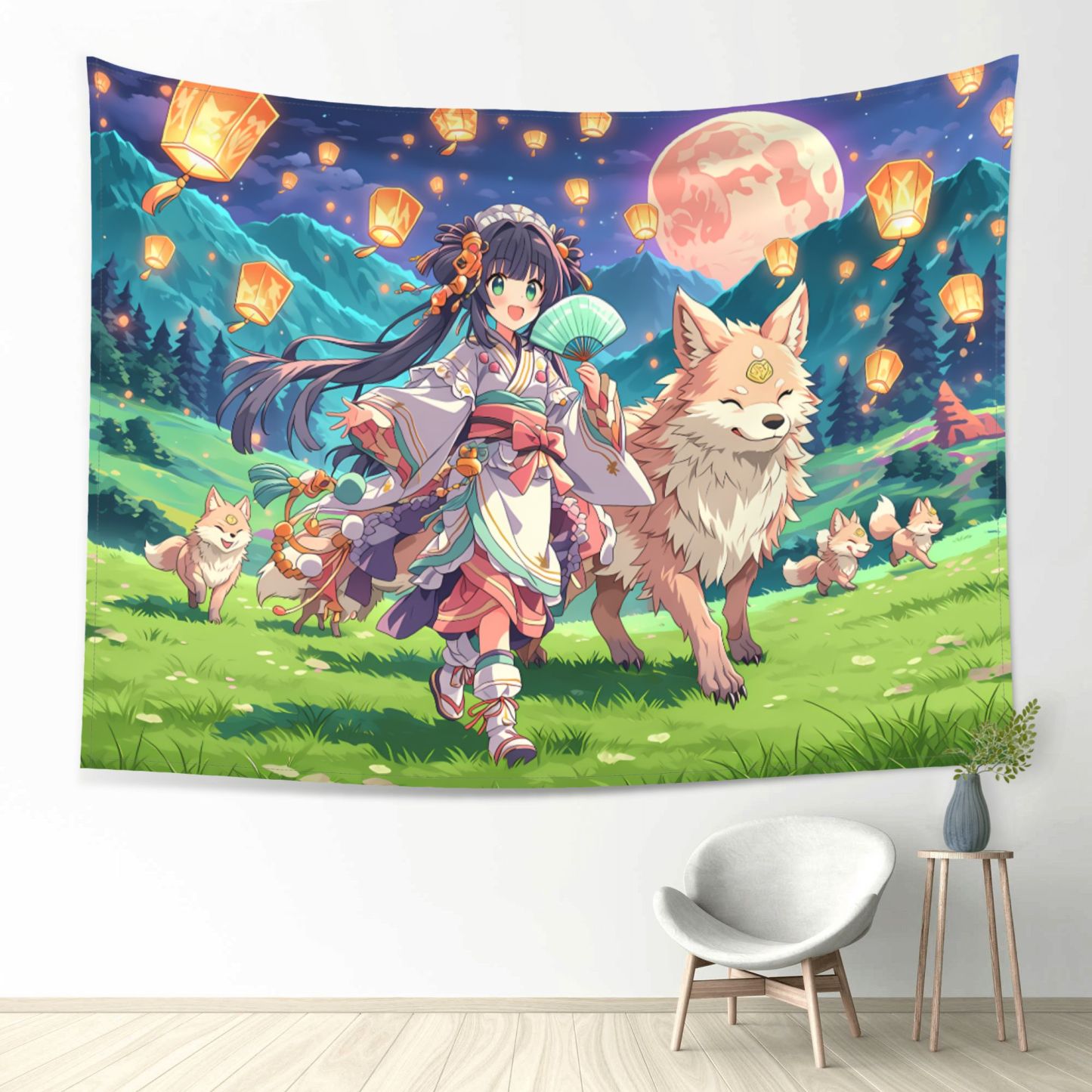 Spirit Fox Lantern Parade art tapestry in a room — 80 × 60 in, view 1