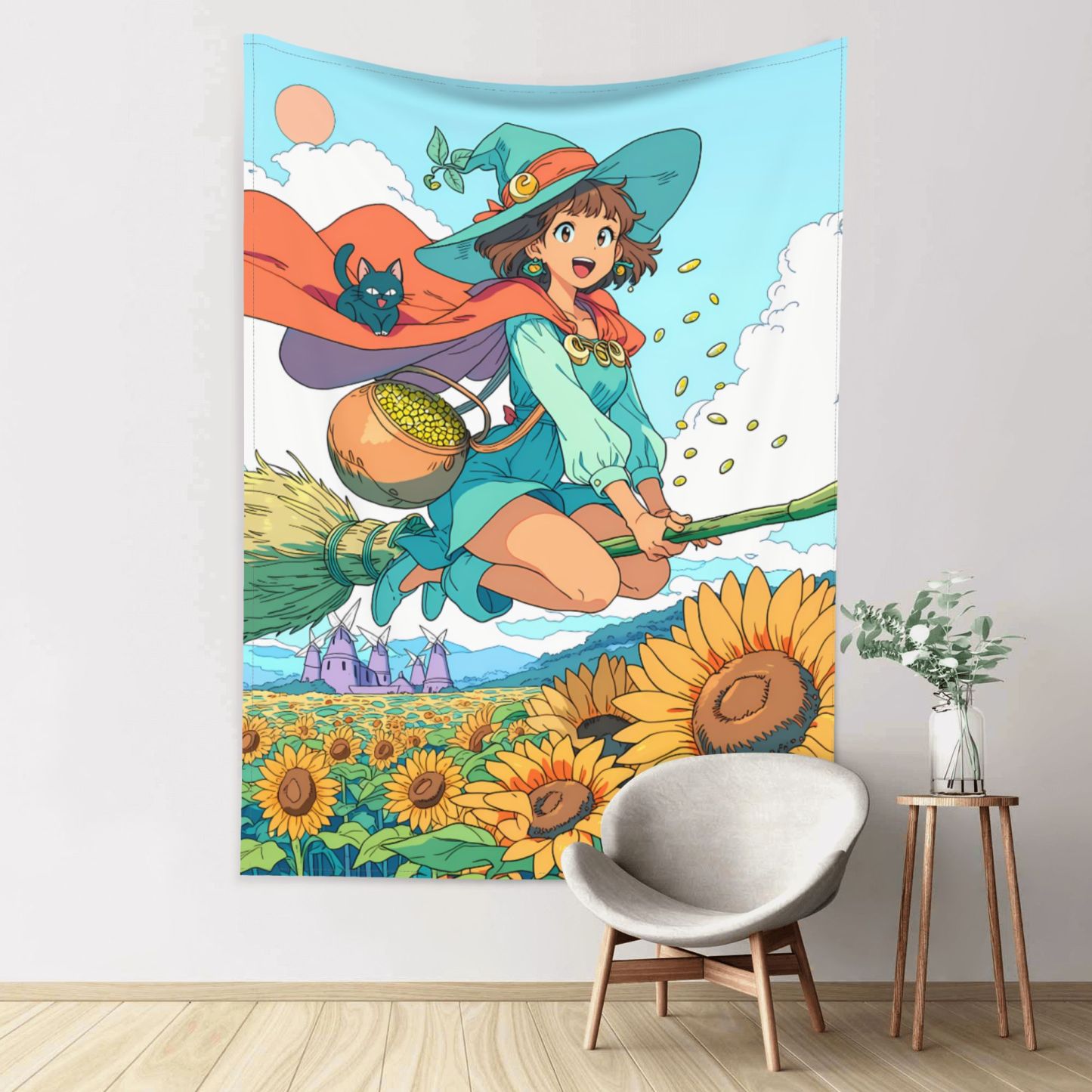 Witch of the Sunflower Sea art tapestry in a room — 60 × 80 in, view 1