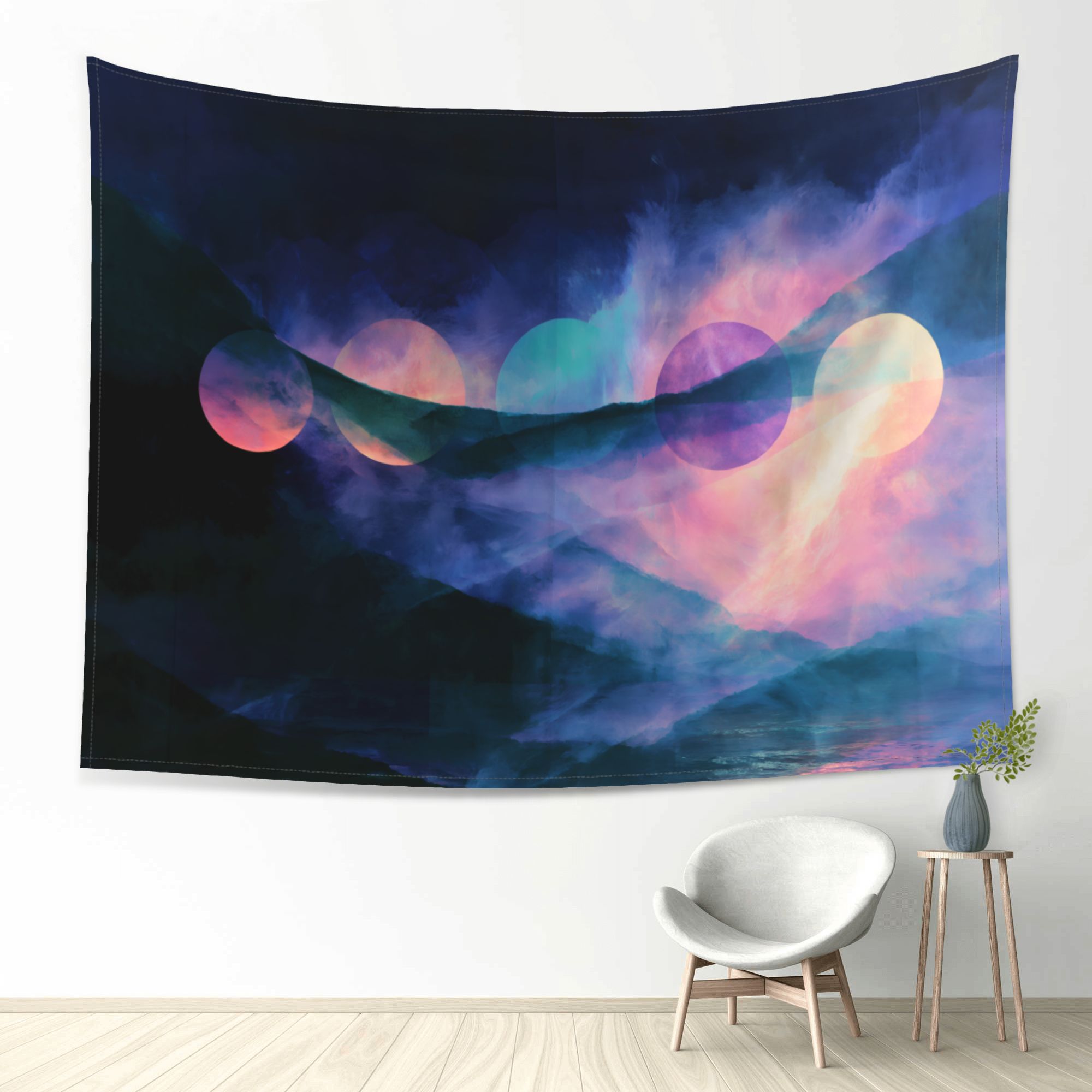 Nocturne of Suns art tapestry in a room — 80 × 60 in, view 1