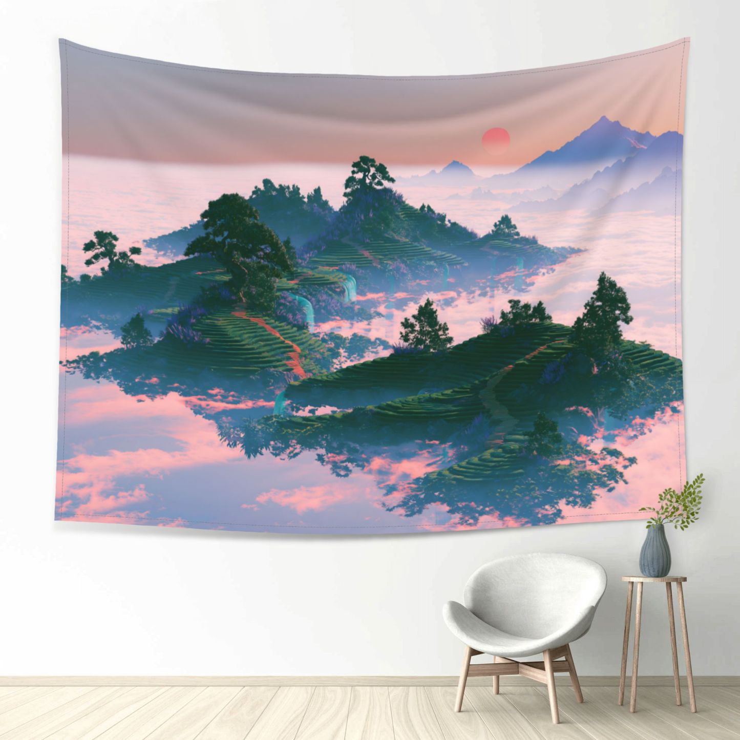 Floating Tea Fields art tapestry in a room — 80 × 60 in, view 1