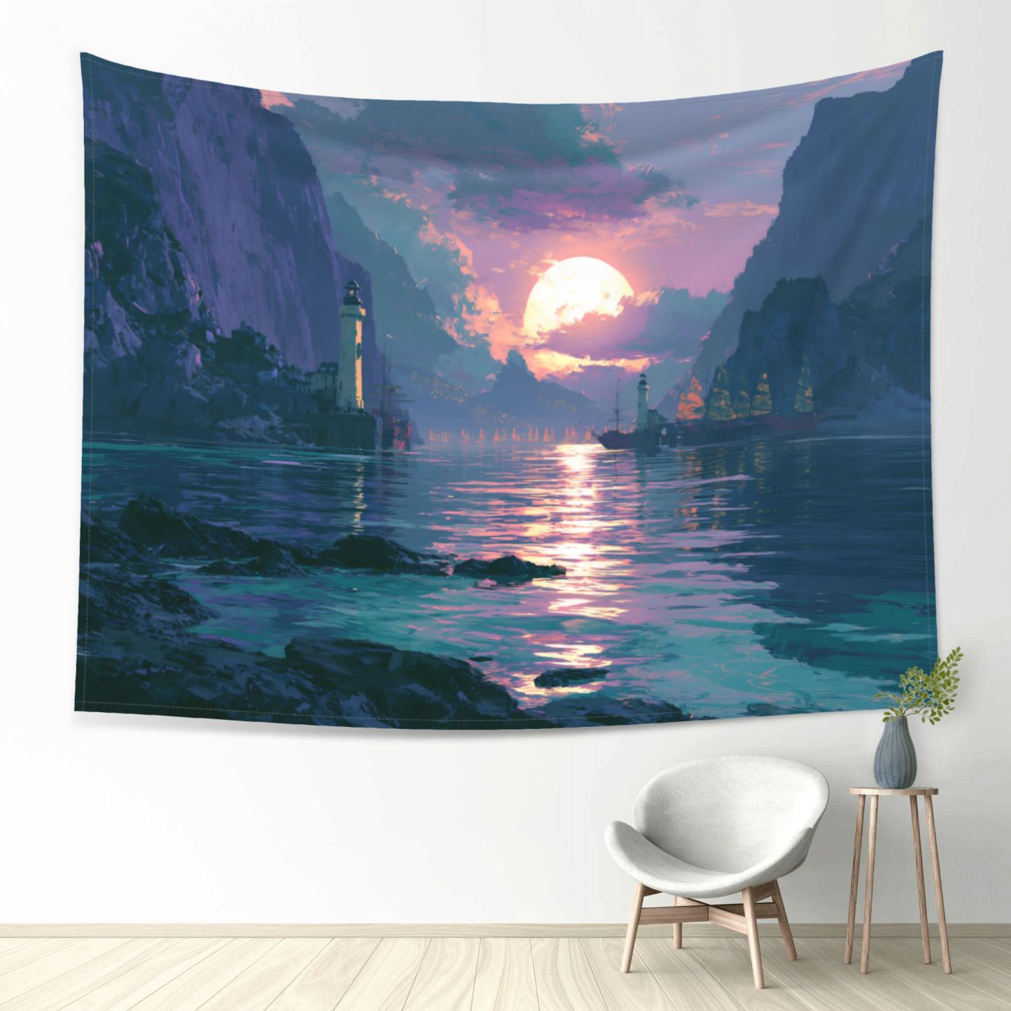 The Last Sun Harbor art tapestry in a room — 80 × 60 in, view 1