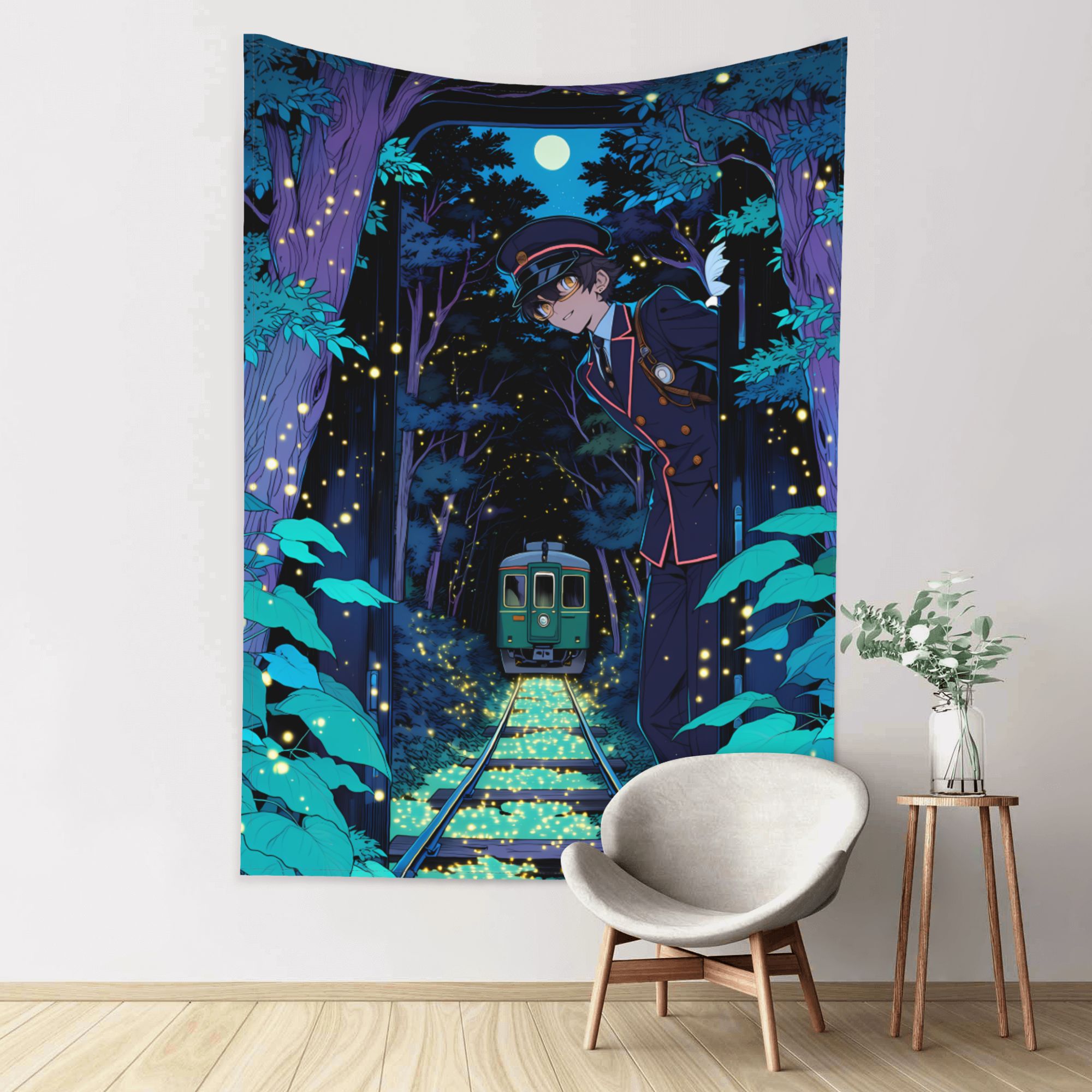 The Last Firefly Train art tapestry in a room — 60 × 80 in, view 1