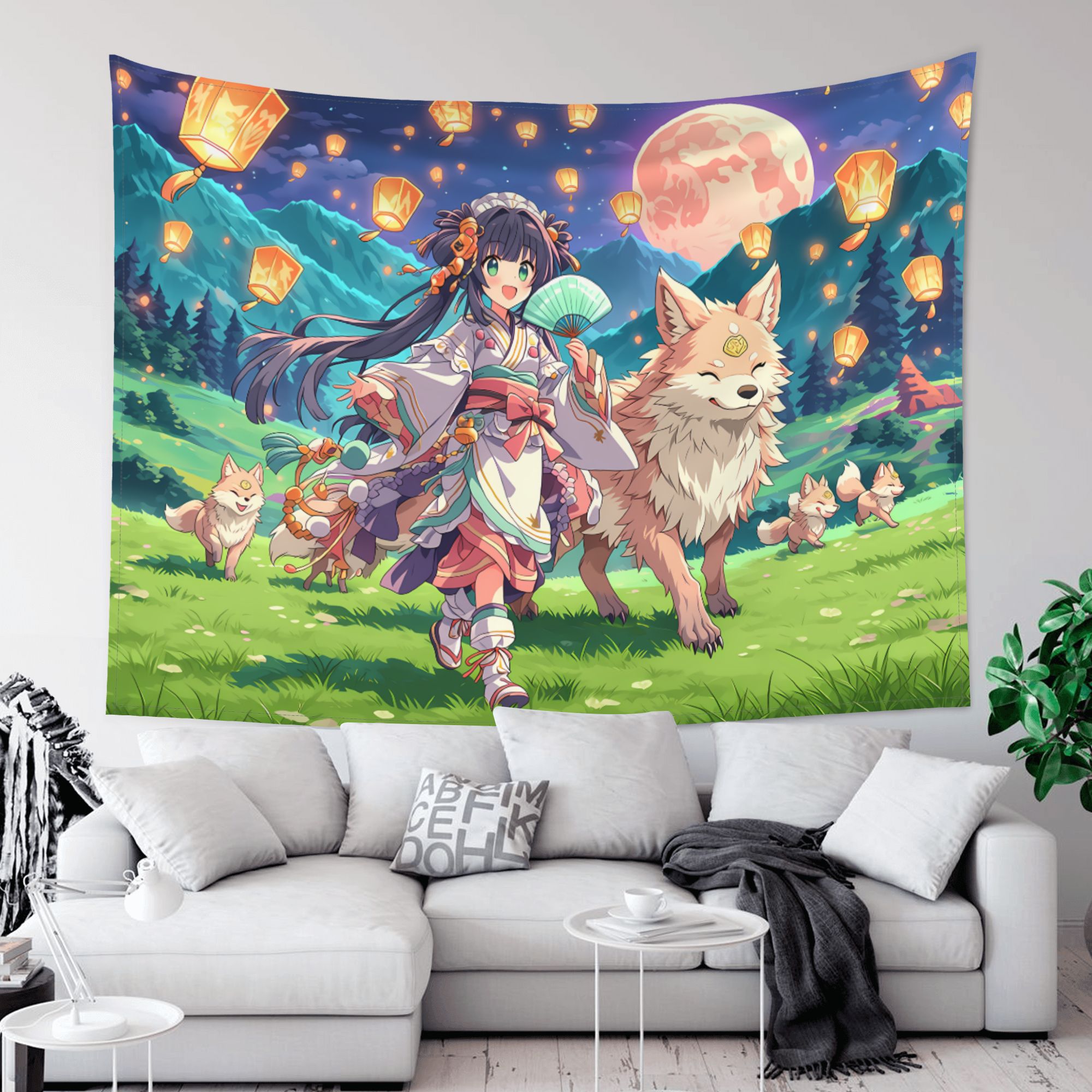 Spirit Fox Lantern Parade art tapestry in a room — 80 × 60 in, view 2