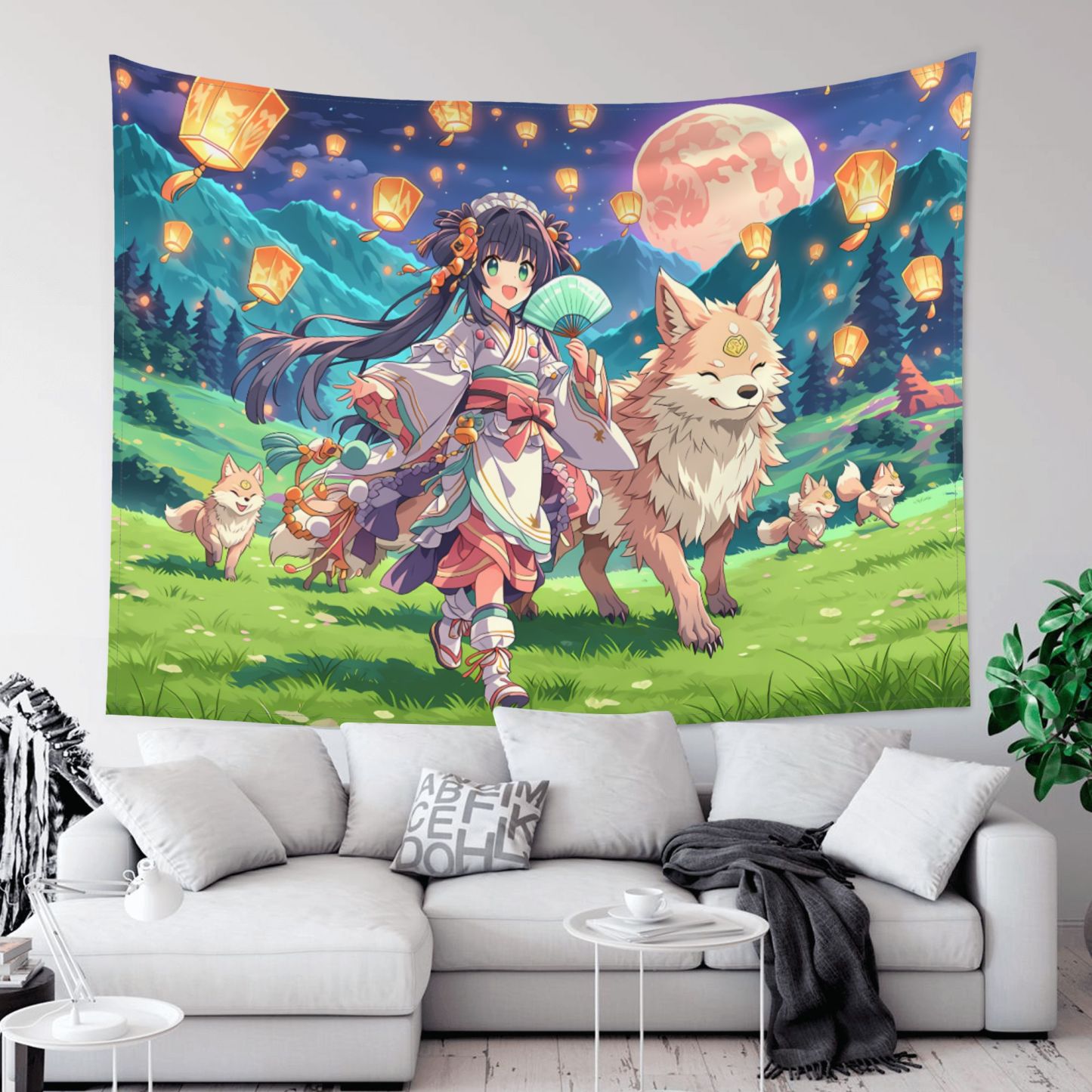 Spirit Fox Lantern Parade art tapestry in a room — 80 × 60 in, view 2