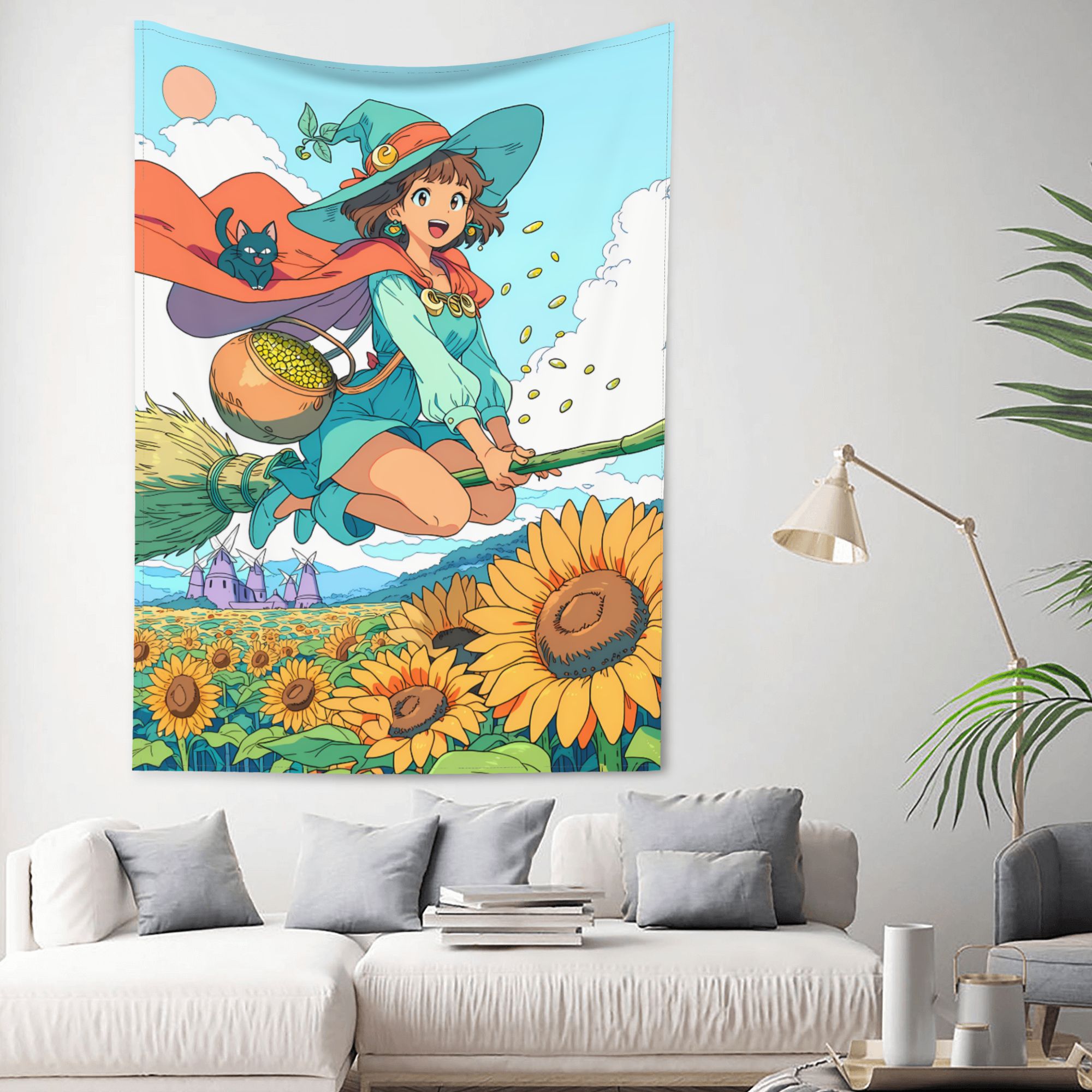 Witch of the Sunflower Sea art tapestry in a room — 60 × 80 in, view 2
