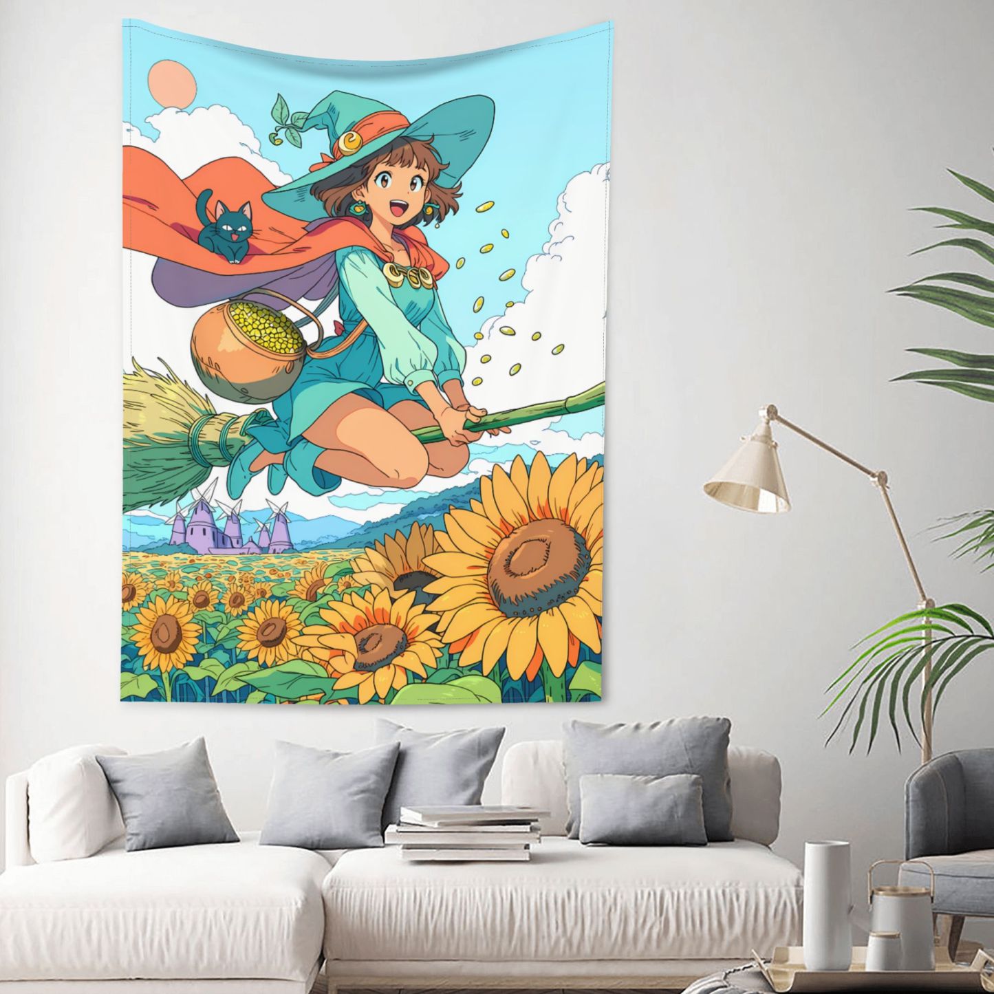 Witch of the Sunflower Sea art tapestry in a room — 60 × 80 in, view 2