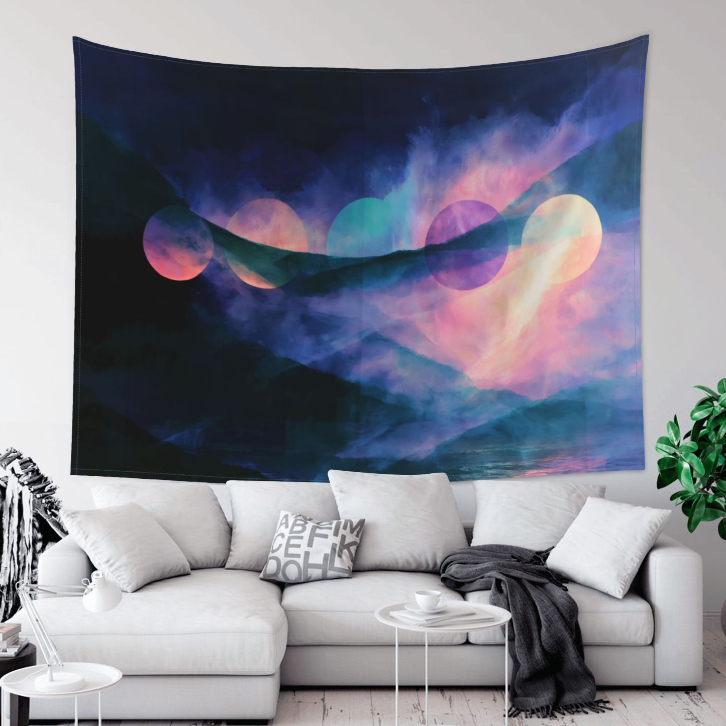 Nocturne of Suns art tapestry in a room — 80 × 60 in, view 2