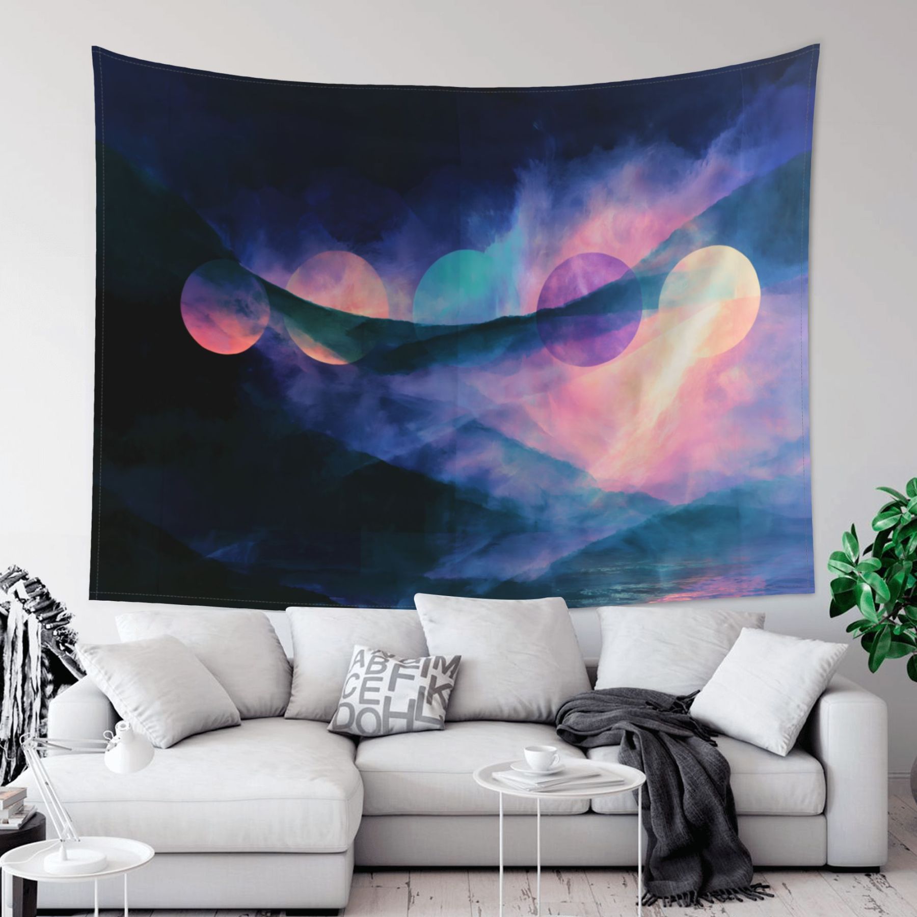 Nocturne of Suns art tapestry in a room — 80 × 60 in, view 2