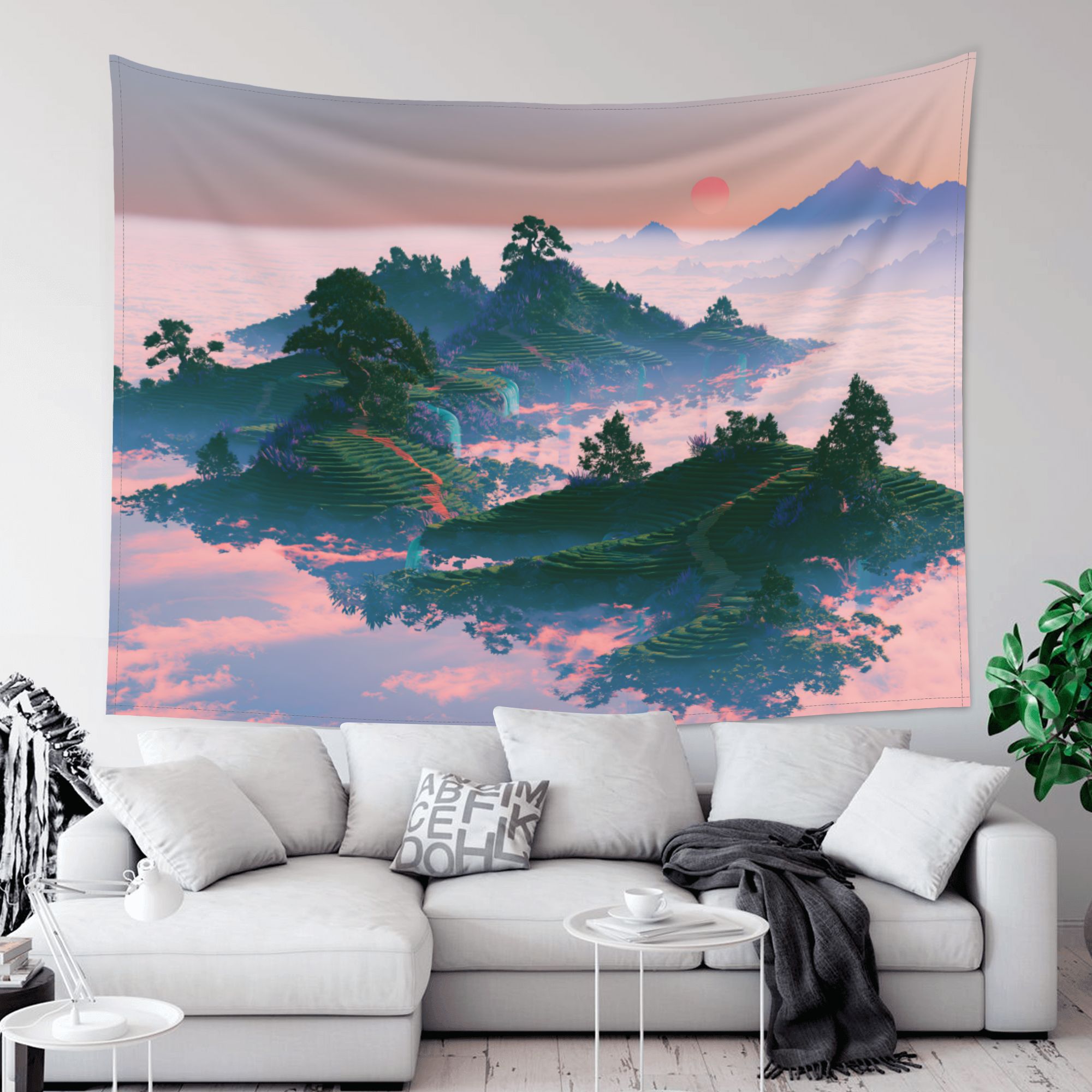 Floating Tea Fields art tapestry in a room — 80 × 60 in, view 2