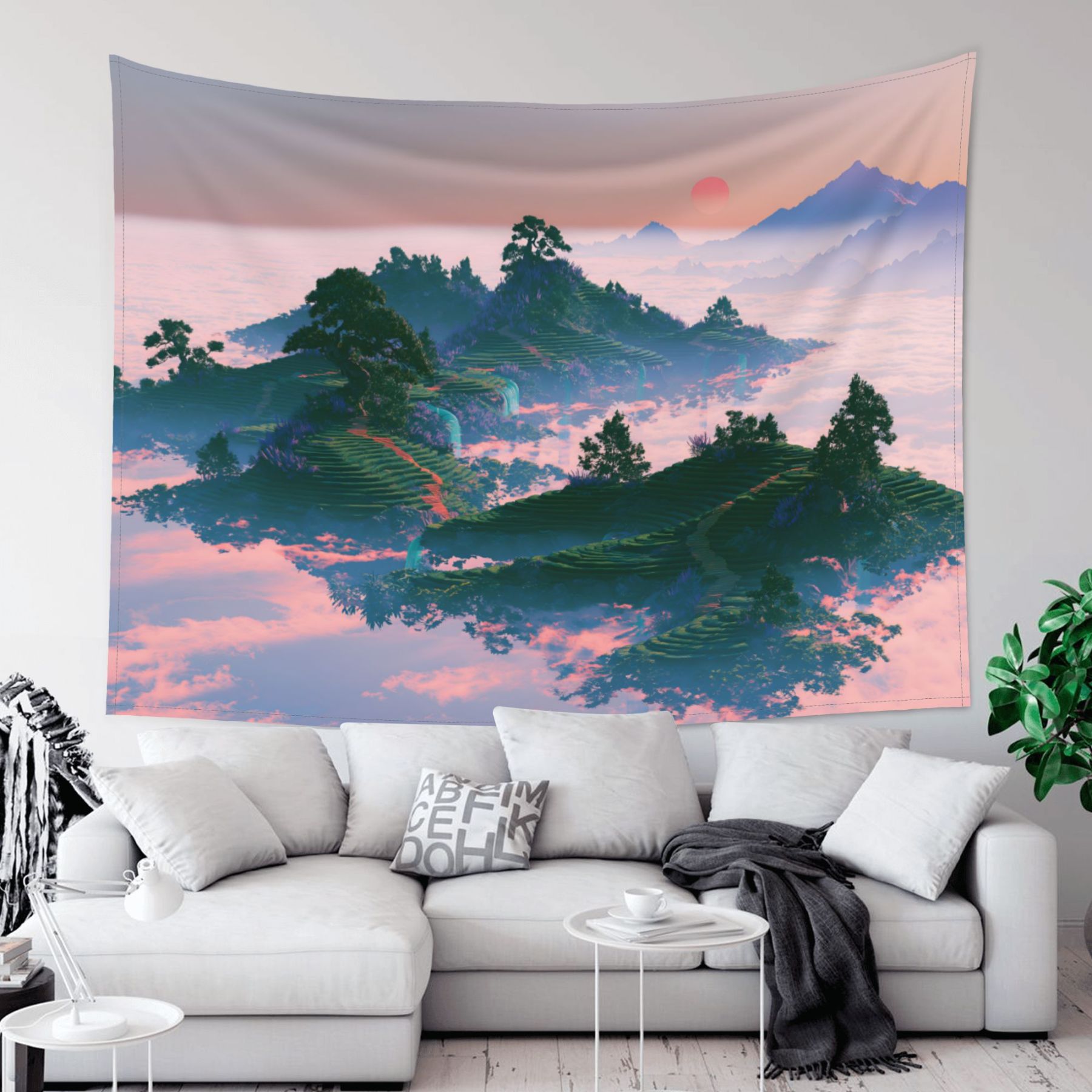 Floating Tea Fields art tapestry in a room — 80 × 60 in, view 2