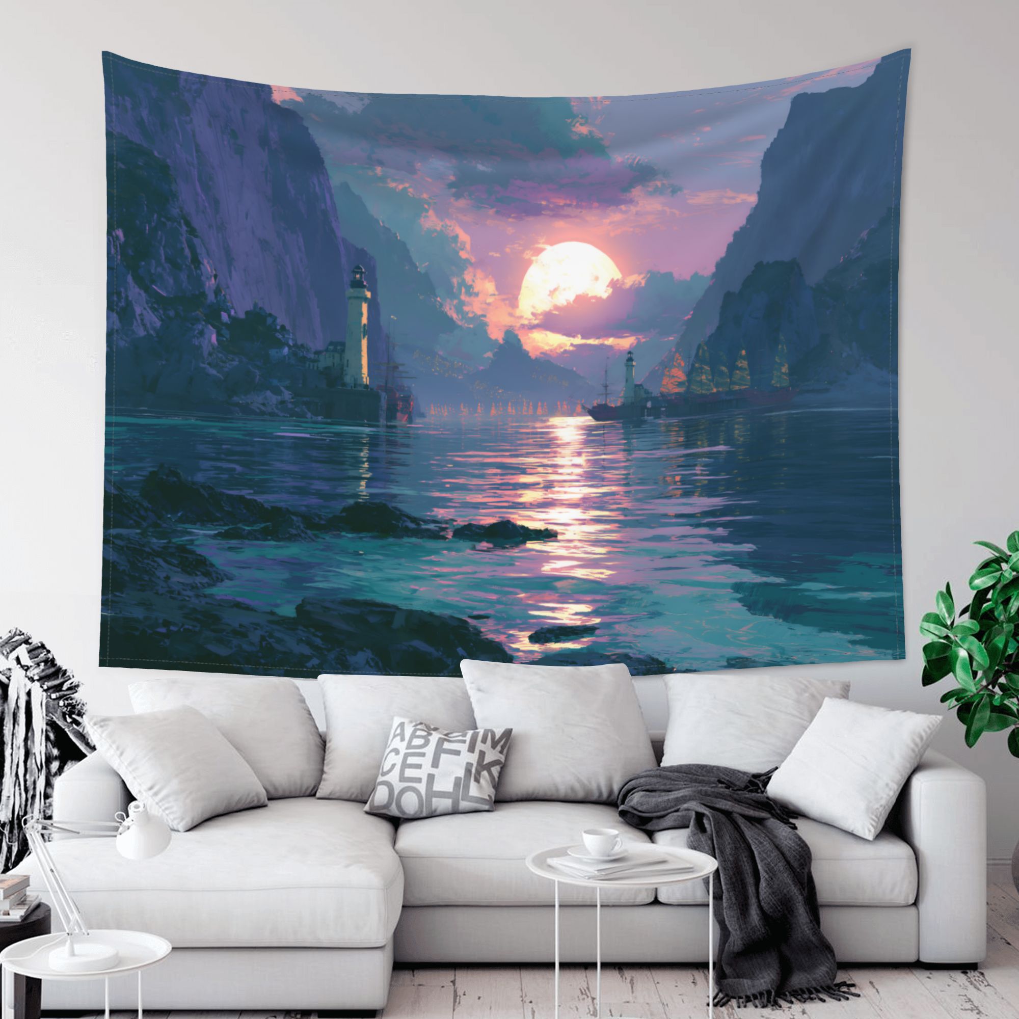 The Last Sun Harbor art tapestry in a room — 80 × 60 in, view 2