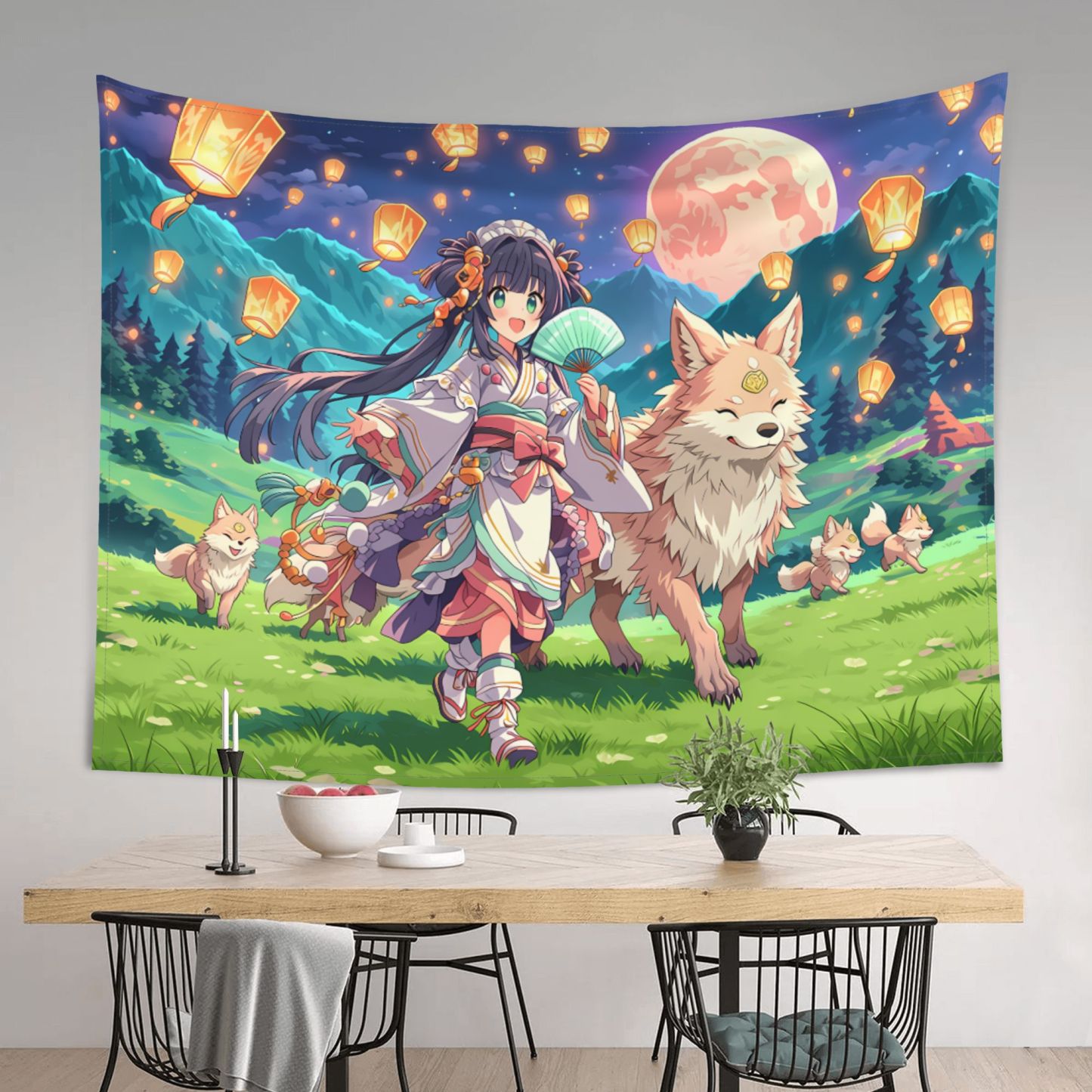 Spirit Fox Lantern Parade art tapestry in a room — 80 × 60 in, view 3