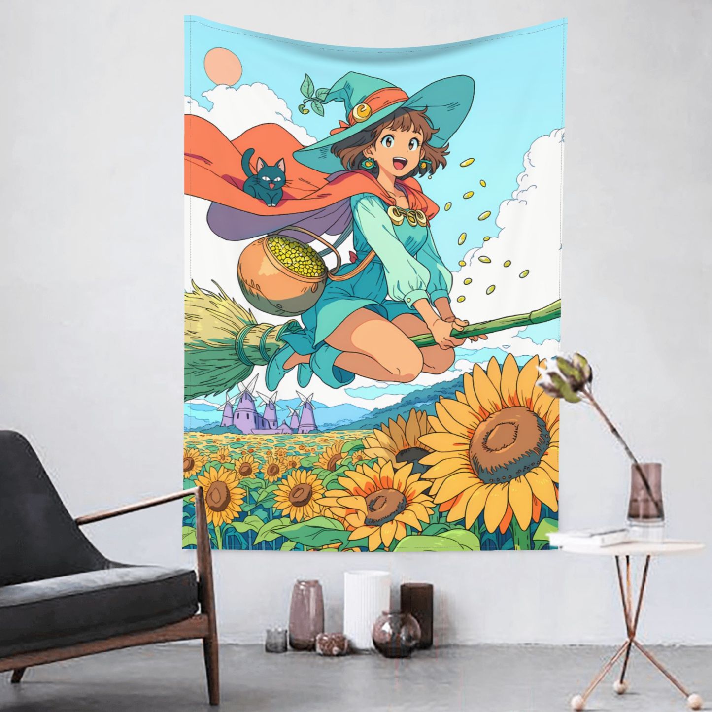 Witch of the Sunflower Sea art tapestry in a room — 60 × 80 in, view 3