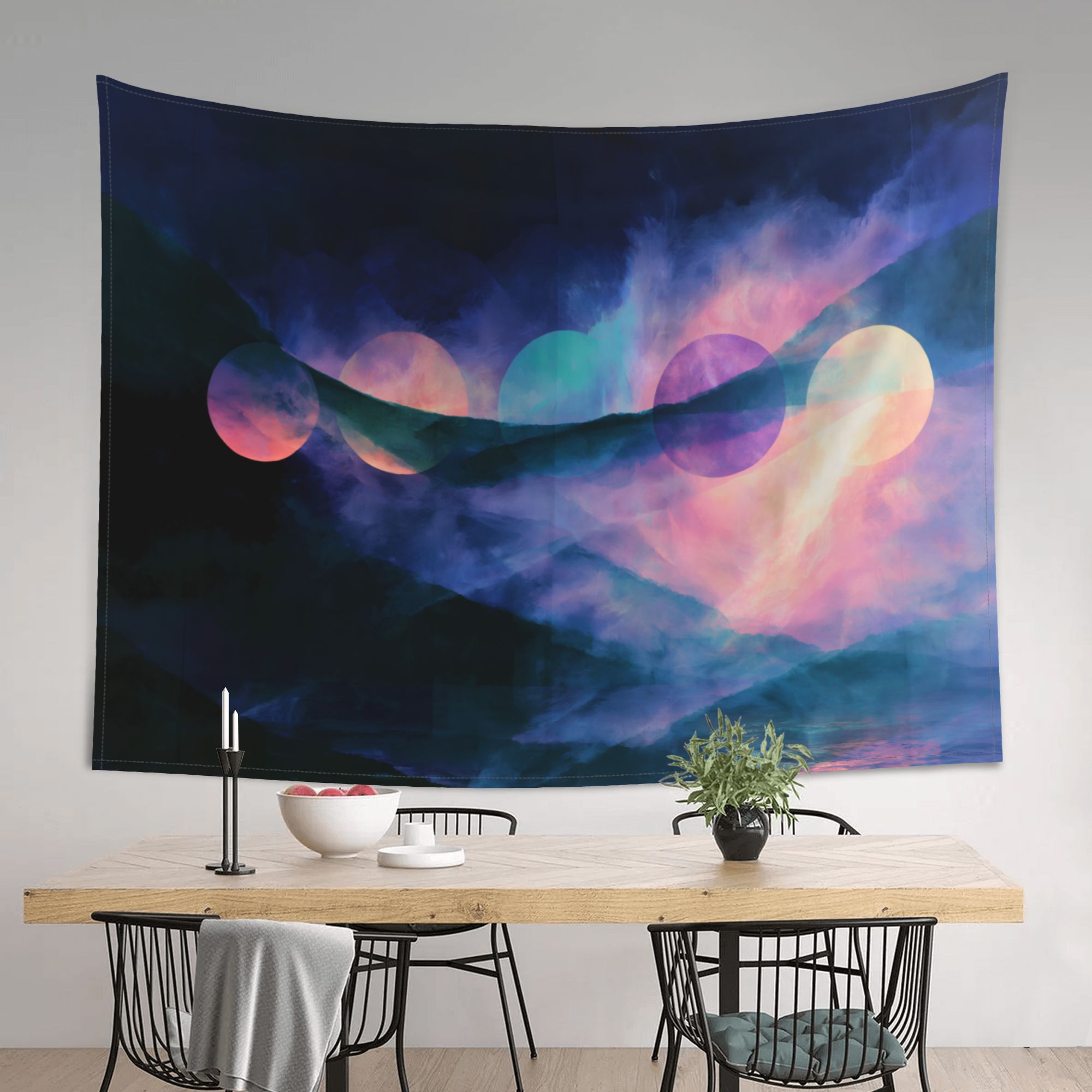 Nocturne of Suns art tapestry in a room — 80 × 60 in, view 3
