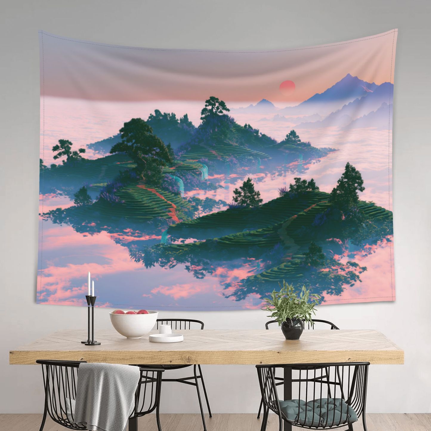 Floating Tea Fields art tapestry in a room — 80 × 60 in, view 3