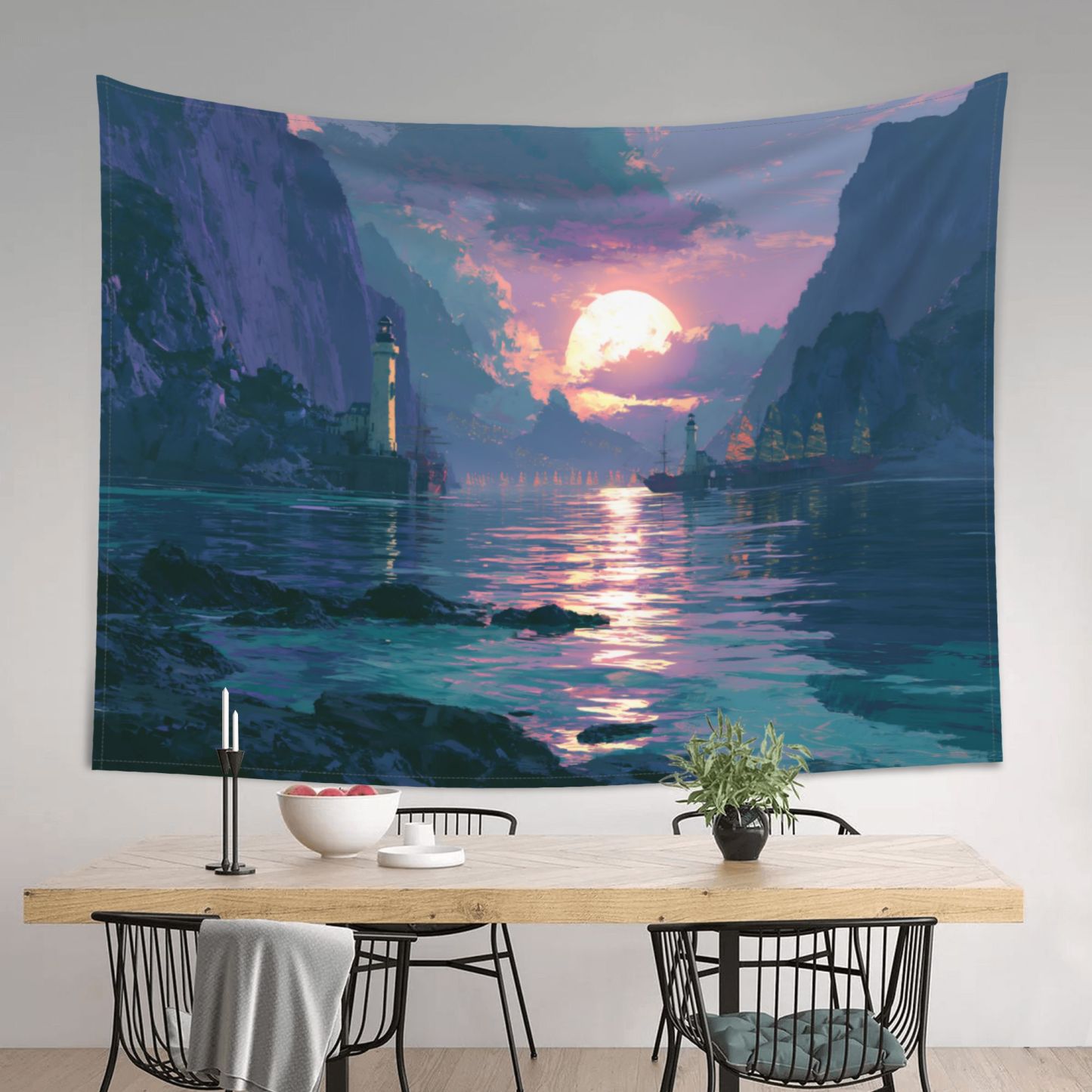 The Last Sun Harbor art tapestry in a room — 80 × 60 in, view 3