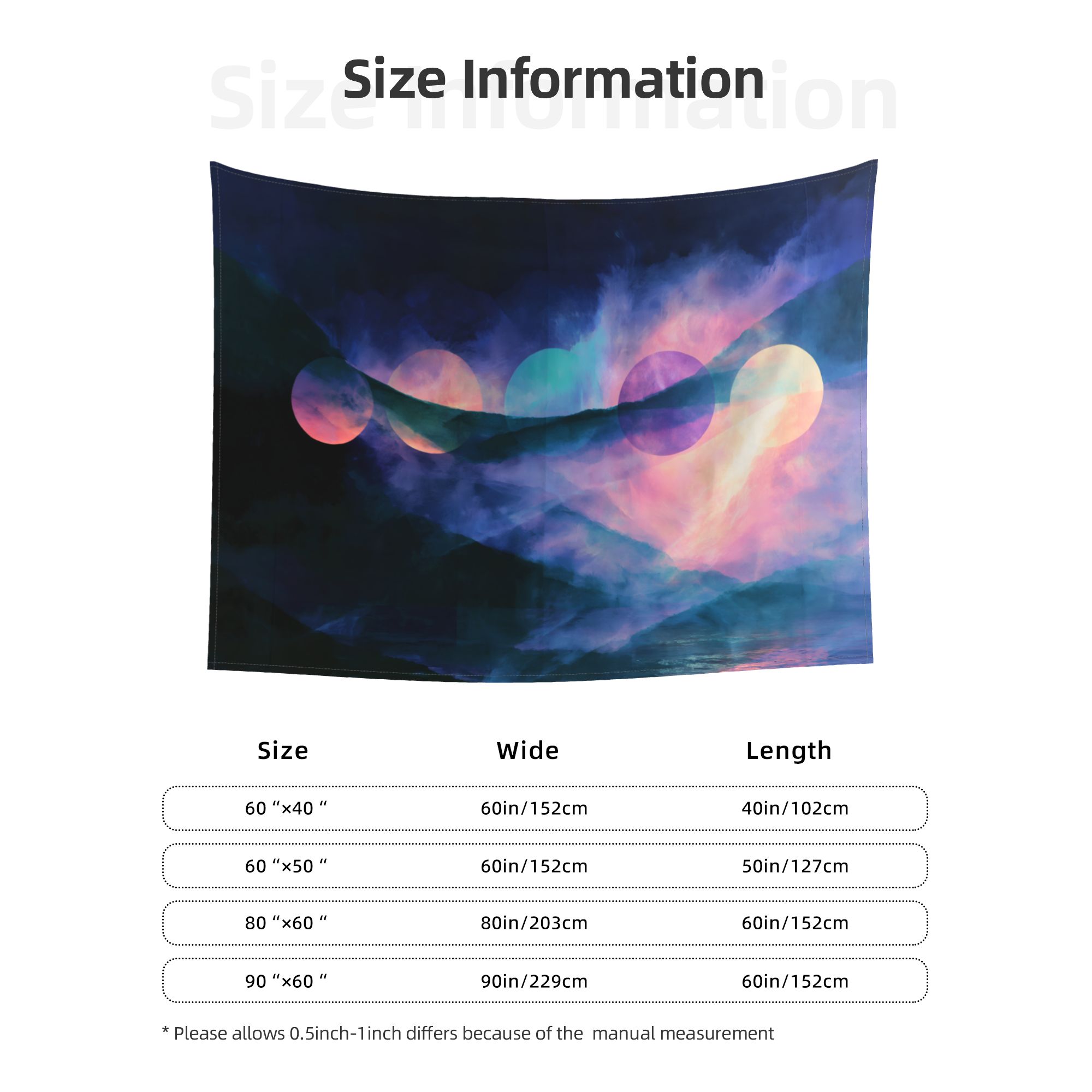 Nocturne of Suns art tapestry size information