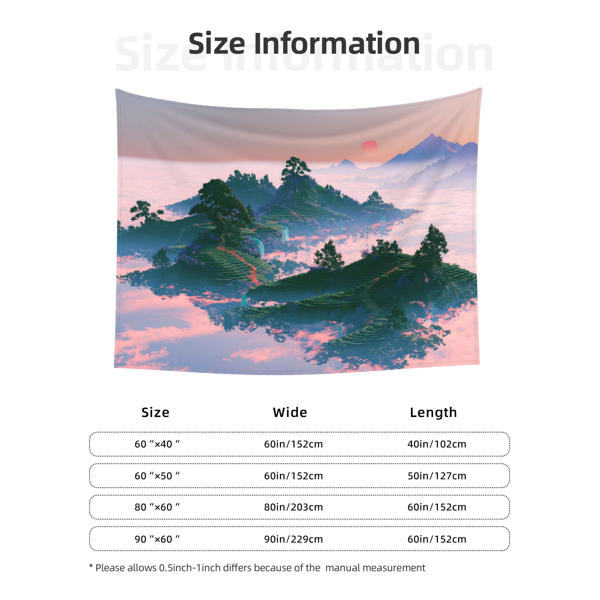 Floating Tea Fields art tapestry size information