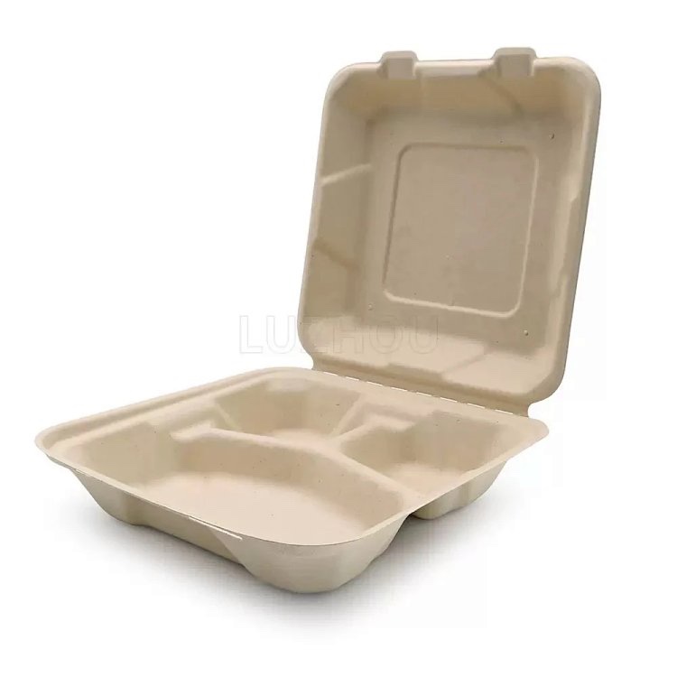 9" x 9" Bagasse Clamshell Box (3 Compartment)