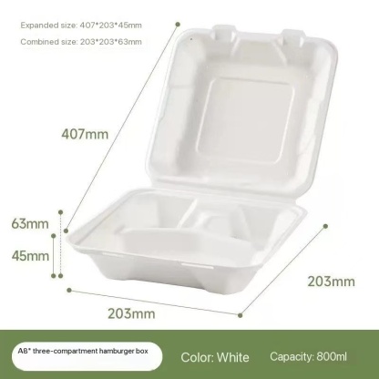 8" x 8" Bagasse Clamshell Box (3 Compartment) 