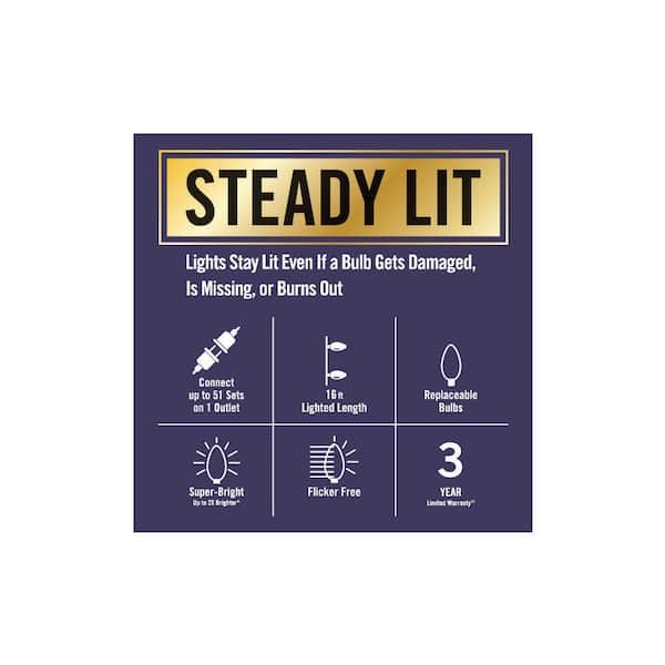 Dimensions Lead length (in.)  6  Lighted length (ft.)  33.25  Details Battery Size  None, Plug-In Only  Bulb Shape  Micro Fairy  Bulb Spacing (in.)  1  Bulb Texture  Smooth  Features  Continuous on technology, Dual Function, Low-voltage, Super Bright  Hol