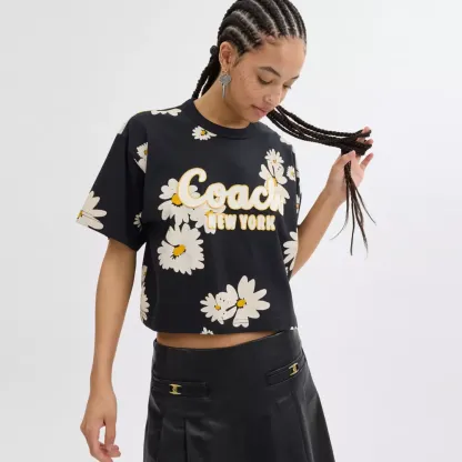 Floral Cropped Signature Script T Shirt In Organic Cotton