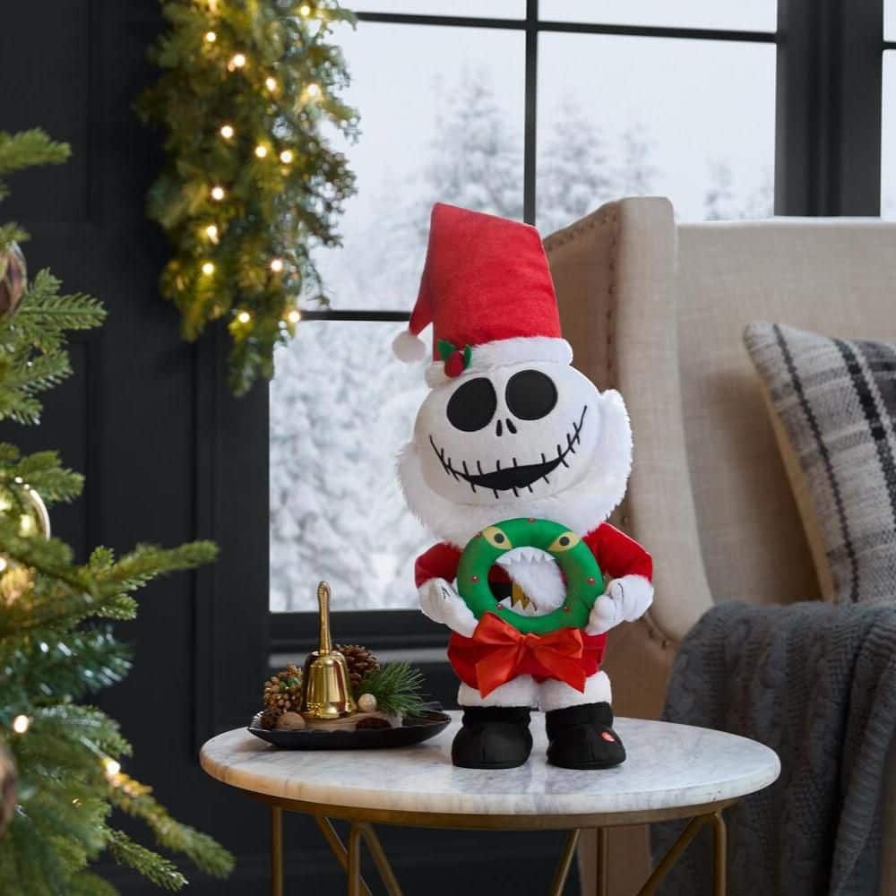 15 in. Animated Side Stepper Jack Skellington as Santa with Monster Wreath