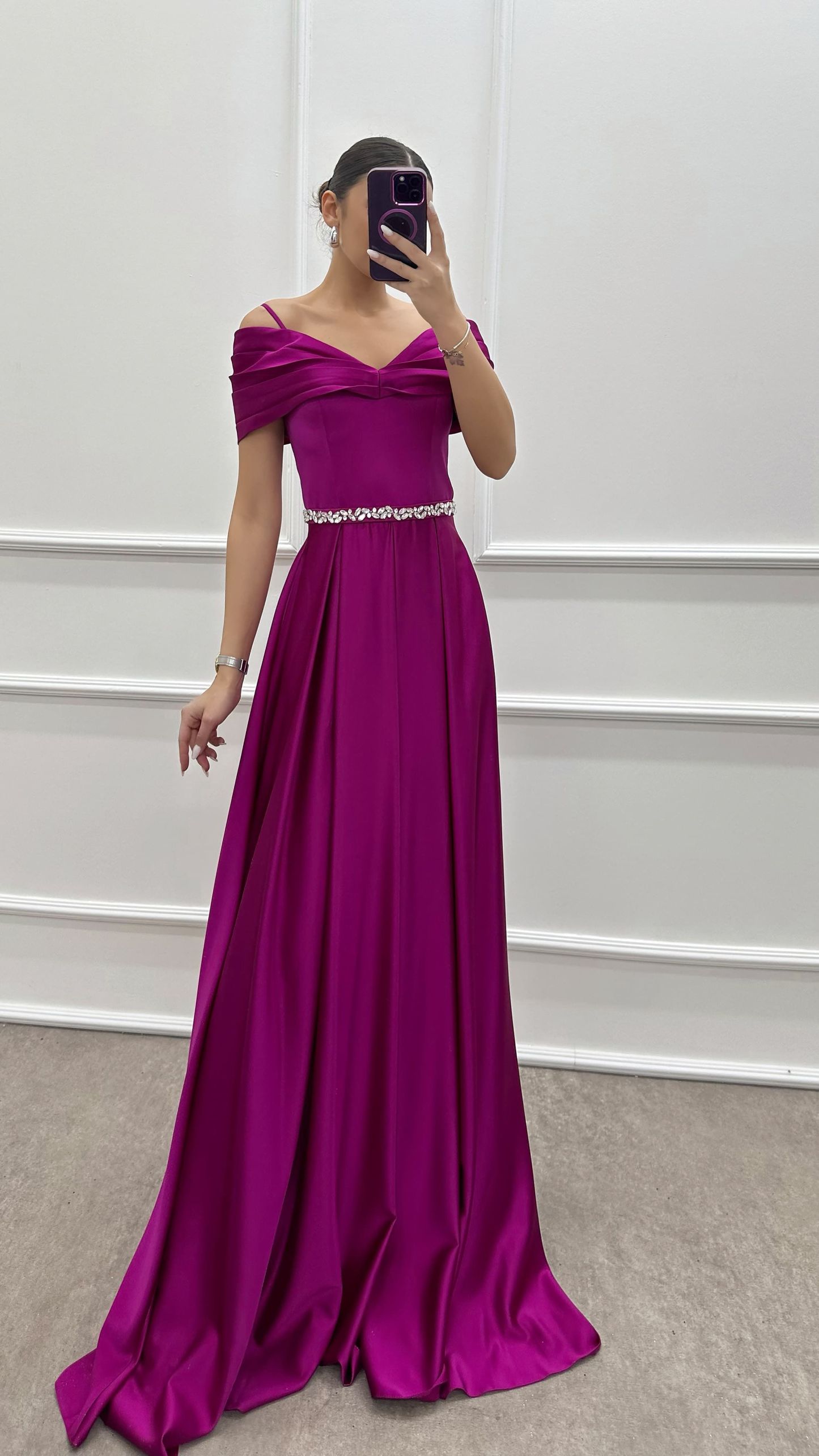 BLUE CHEST DETAIL WAIST STONE DESIGN SATIN EVENING DRESS