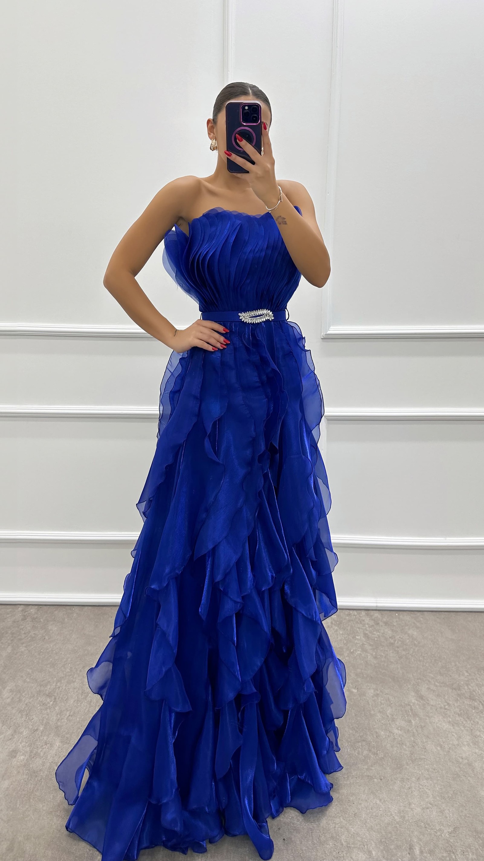 ORANGE STRAPLESS FLYWHEEL DETAIL BELTED EVENING DRESS