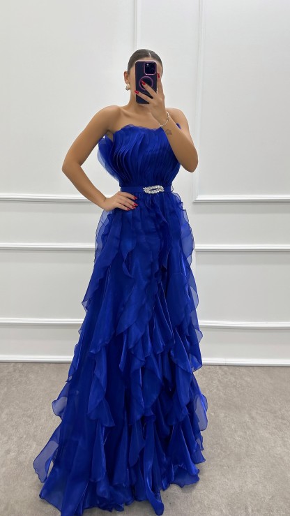 ORANGE STRAPLESS FLYWHEEL DETAIL BELTED EVENING DRESS