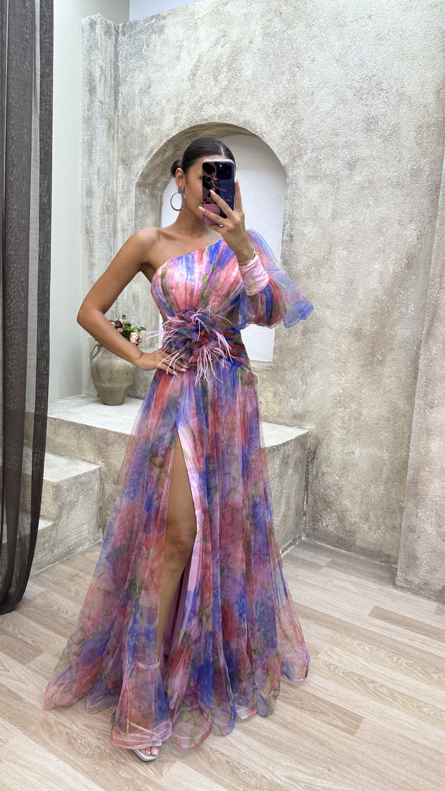 Floral one-shoulder flowy long-sleeved dress