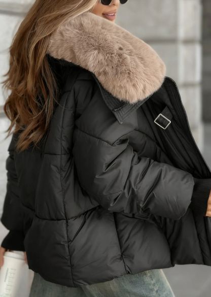 Faux Fur-Collar Puffer Coat with Metal Buckle Details