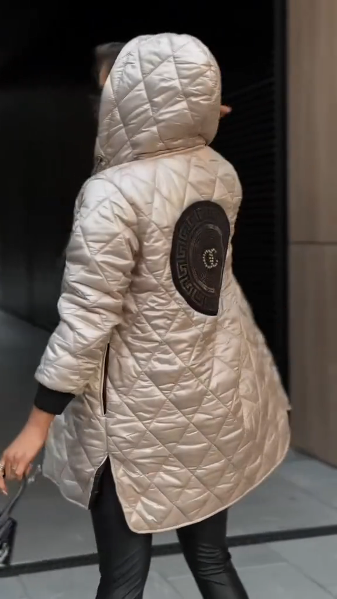 Beige Quilted Long - Line Puffer Jacket with Hood