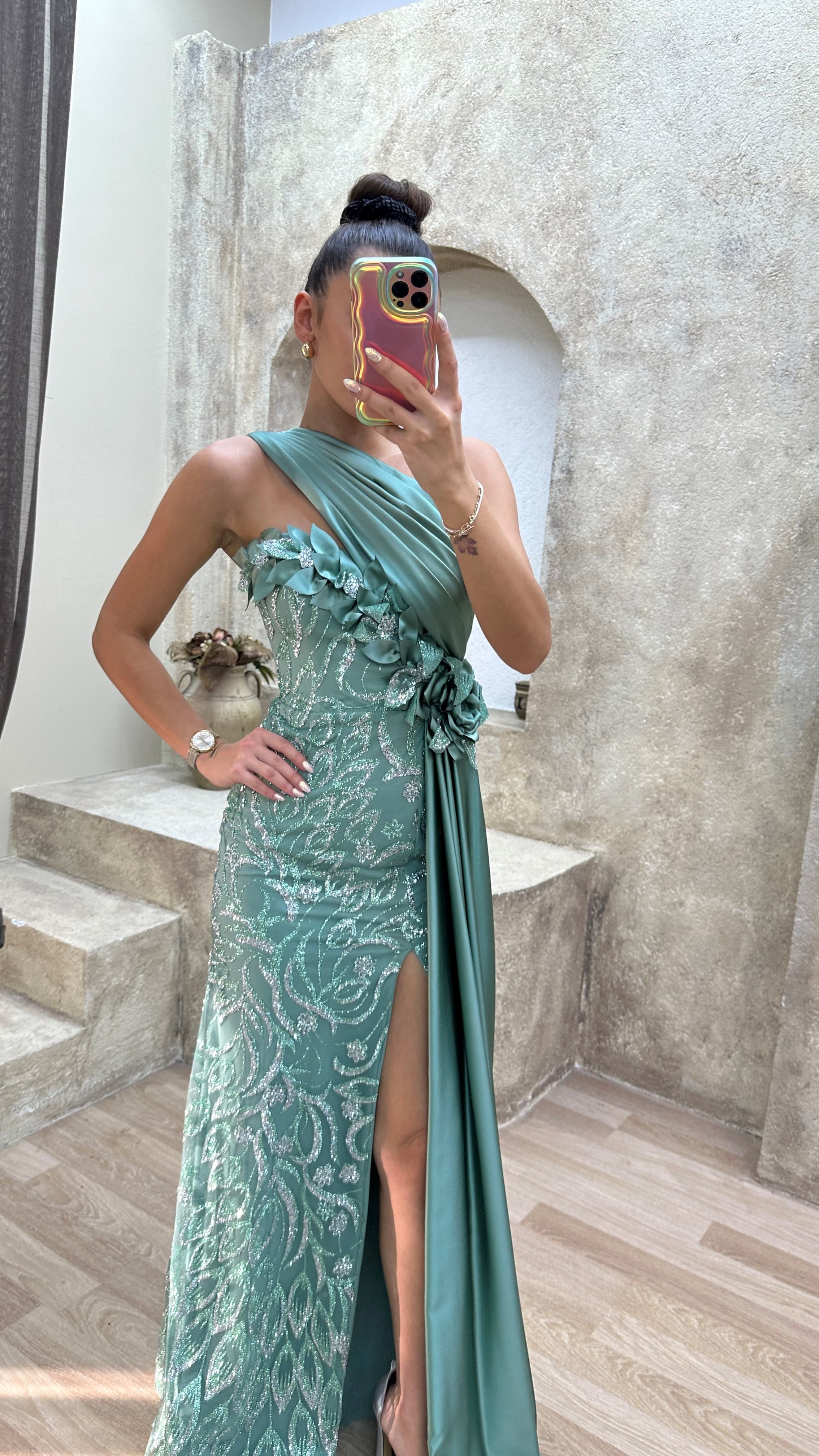 One Shoulder Waist Detail Embroidered Design Satin Dress