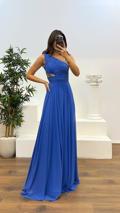 One Shoulder Waist Sheer Evening Dress