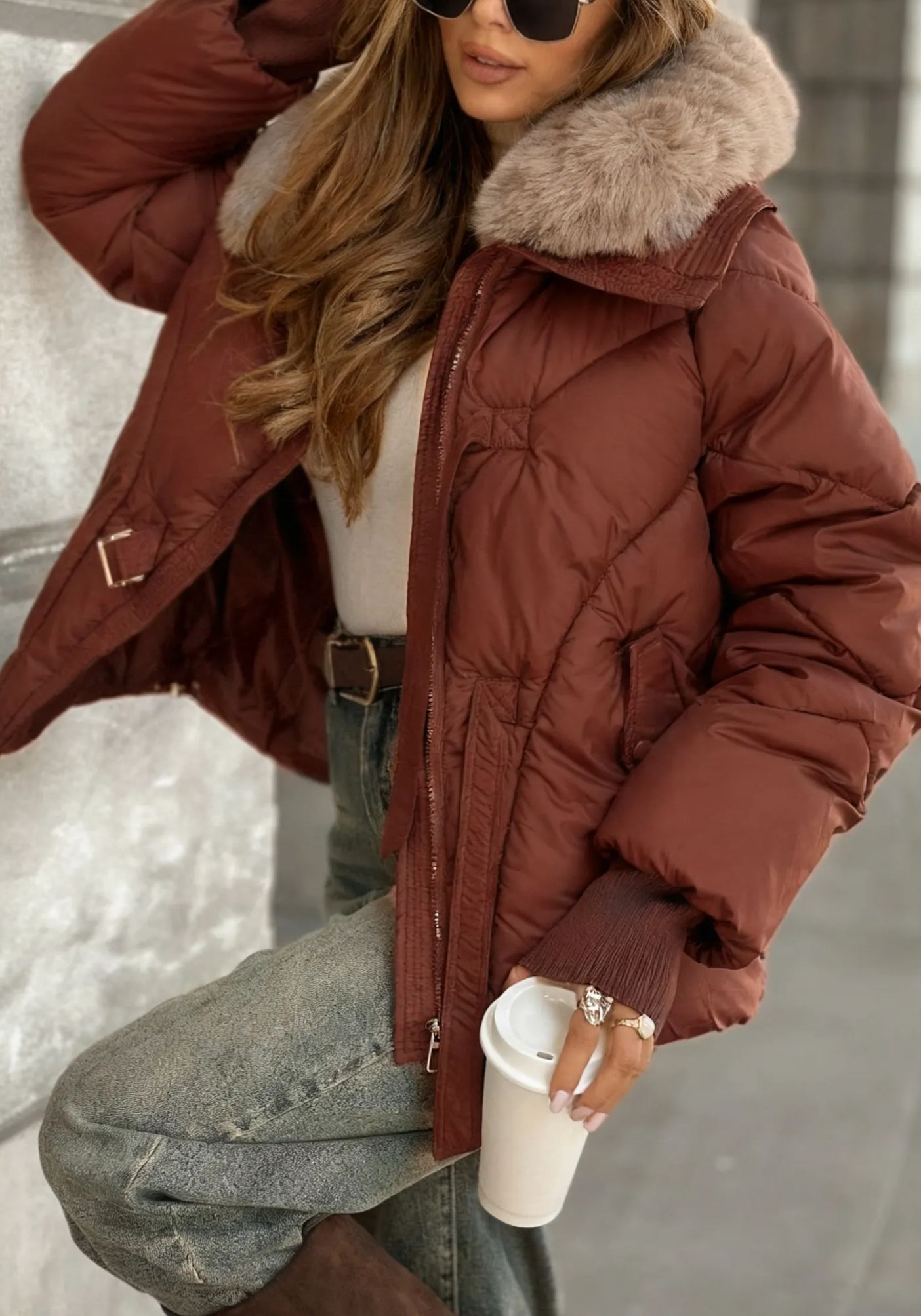 Faux Fur-Collar Puffer Coat with Metal Buckle Details