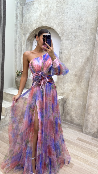 Floral one-shoulder flowy long-sleeved dress