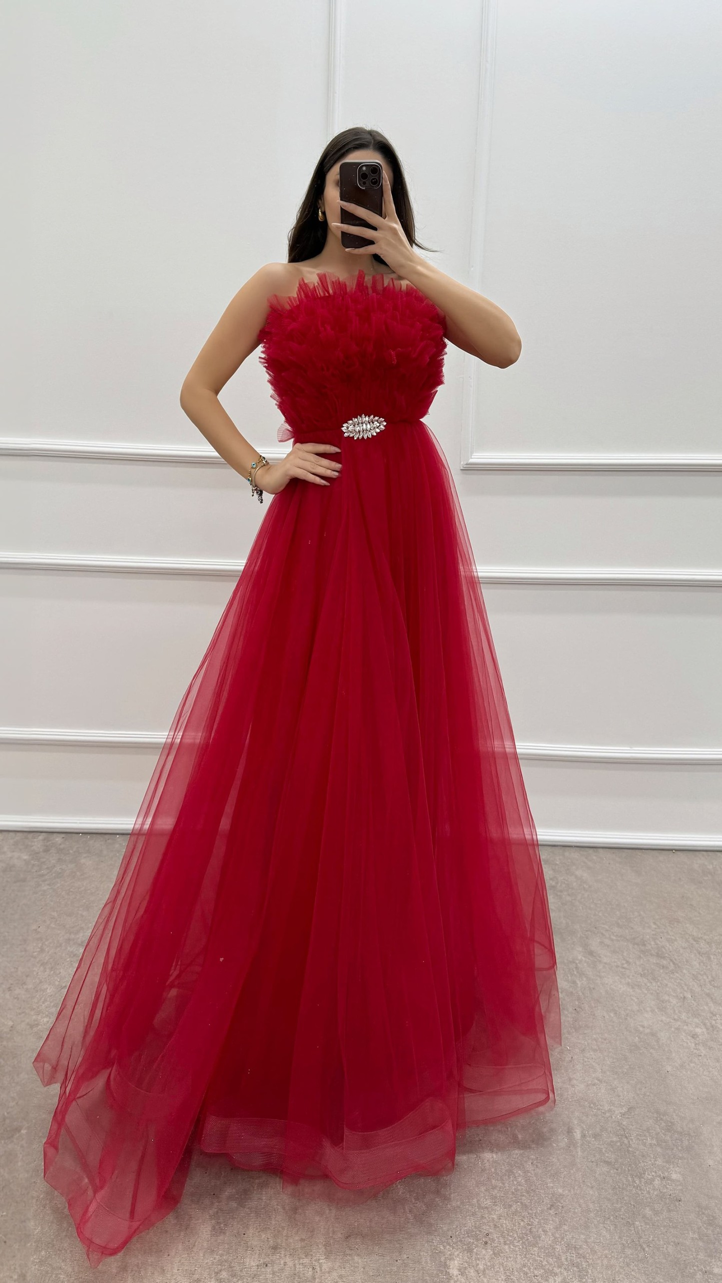 YELLOW STRAPLESS CHEST DETAIL BROOCH TULLE DRESS