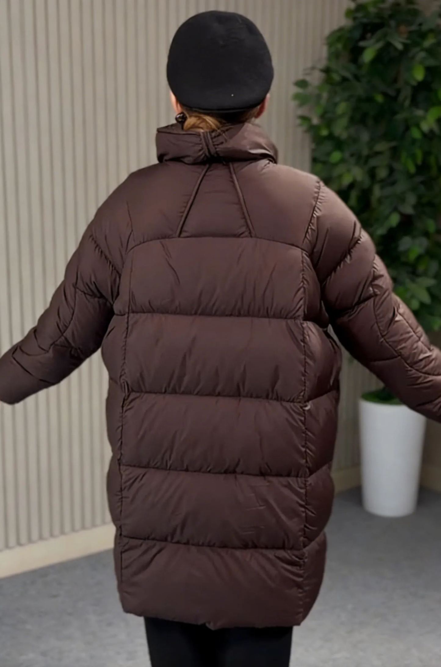 Black Mid-Length Puffer Coat with Magnetic Snap & Hidden Zipper