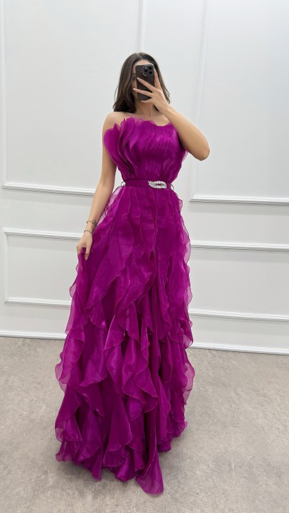 ORANGE STRAPLESS FLYWHEEL DETAIL BELTED EVENING DRESS