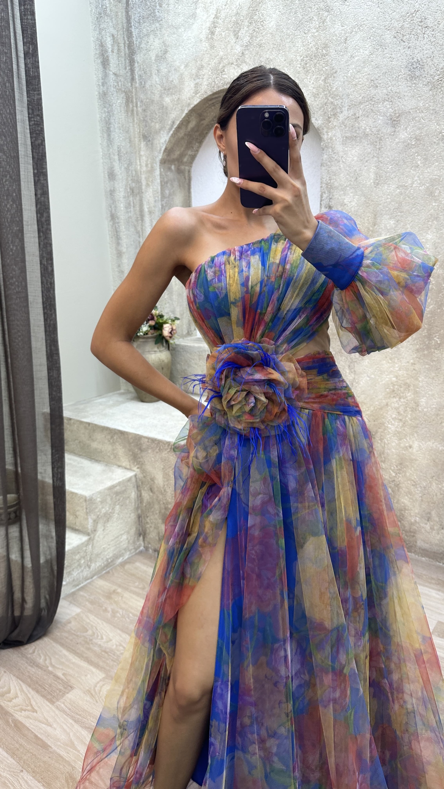 Floral one-shoulder flowy long-sleeved dress