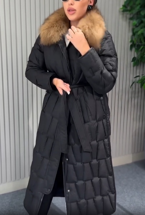 Floor-Length Quilted Puffer Coat with Faux Fur Collar & Belt