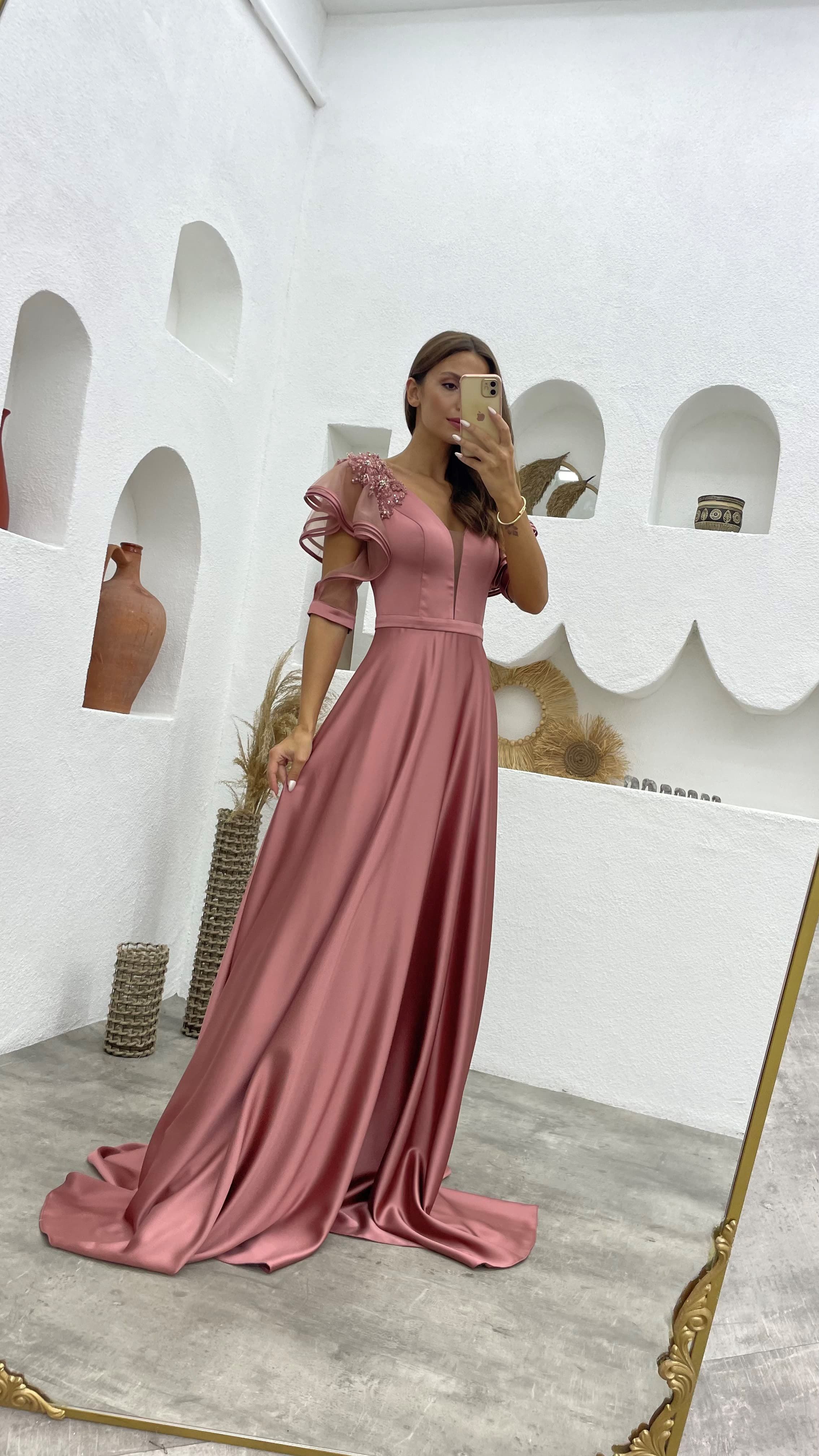 Salmon Sleeves Flounce Embroidered Detail Satin Evening Dress