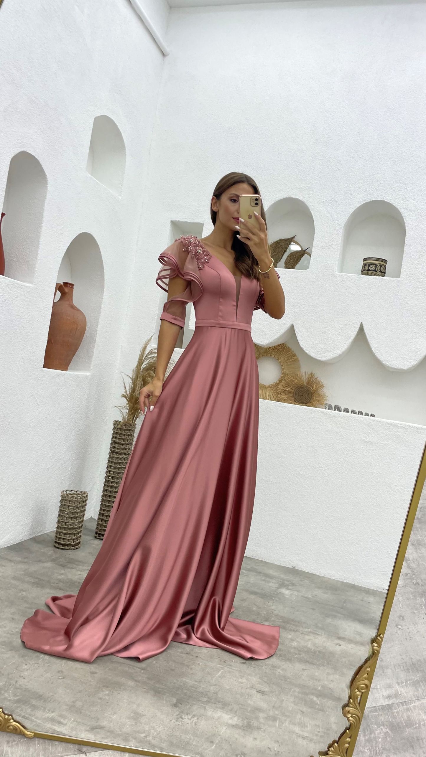 Salmon Sleeves Flounce Embroidered Detail Satin Evening Dress