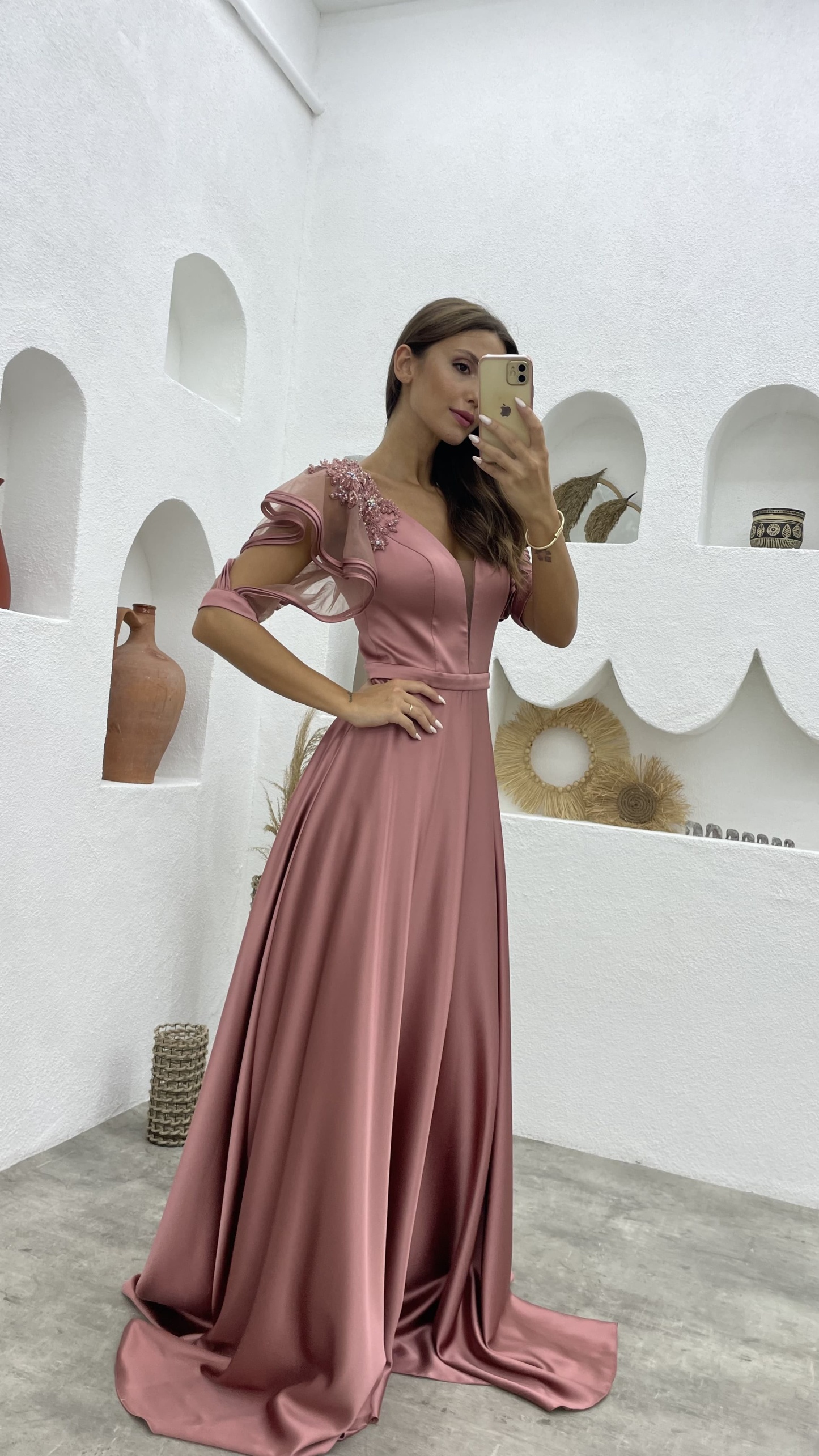 Salmon Sleeves Flounce Embroidered Detail Satin Evening Dress