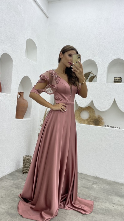 Salmon Sleeves Flounce Embroidered Detail Satin Evening Dress